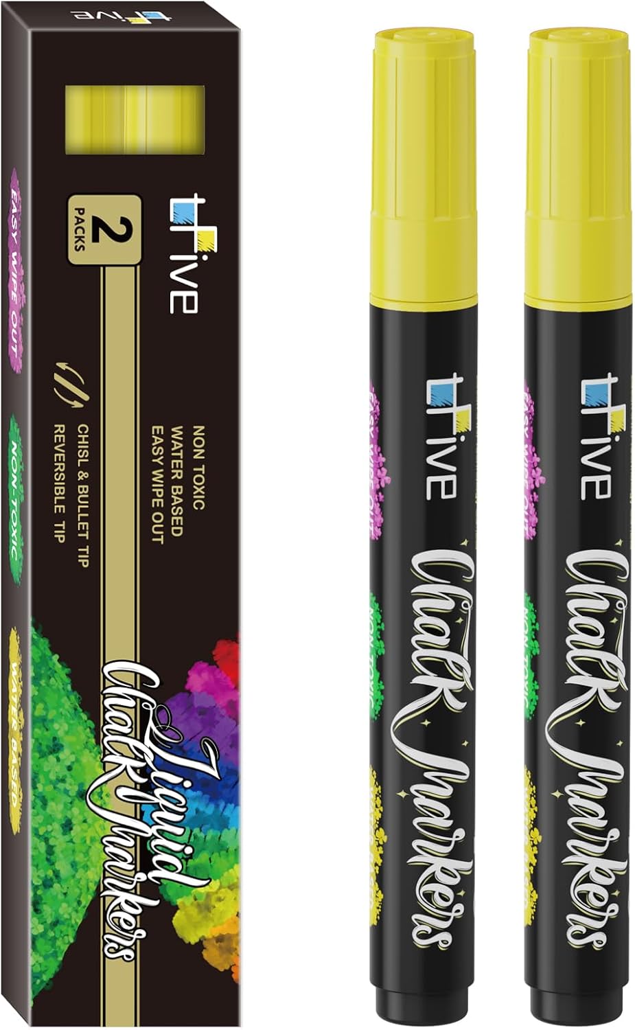 TFIVE Yellow Liquid Chalk Markers - 2 Pack Bright Colors Erasable Chalk Marker Pens, Reversible Tip, Non-Toxic, for Chalkboards, Signs, Glass, Easy to use Chalk markers TF800
