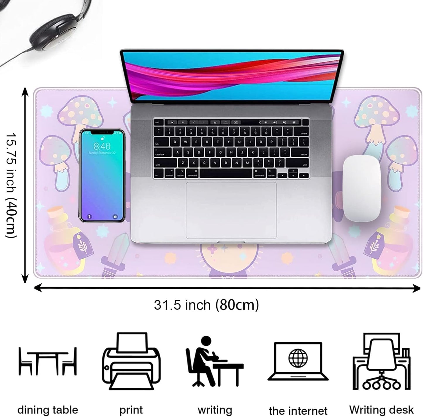 Kawaii Purple Desk Mat,Cute Witchy Elements Mouse Pad, Desk Pad Mystical Goth,XXL Gamig Desktop Mat,Extended Keyboard Mousepad Large for Computer Laptop,Girl Gamer Desk Decor 31.5''x15.7''