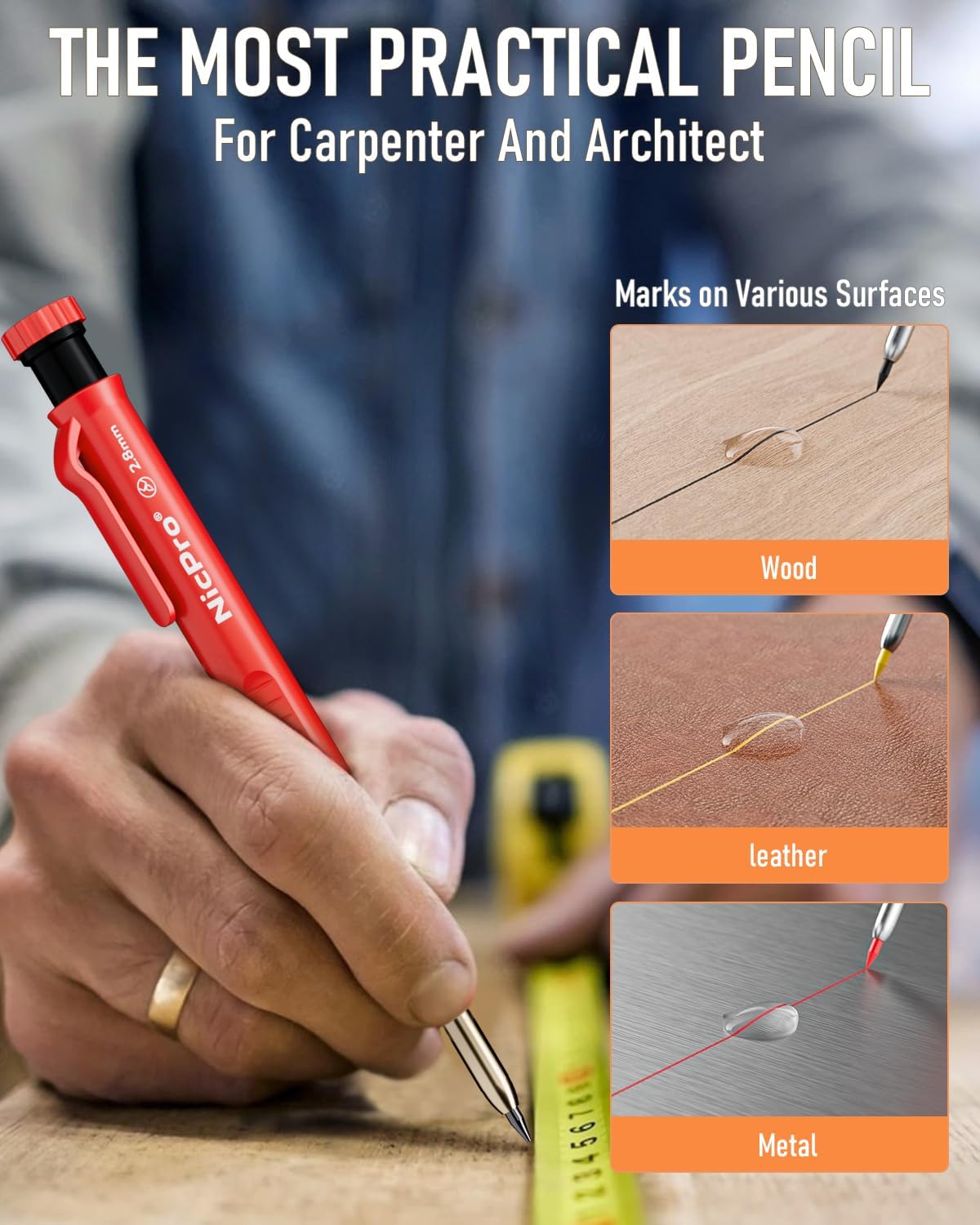 Nicpro 11 Pack Carpenter Pencil Set with Sharpener, Mechanical Carpenter Pencils with 40 Refill, Automatic Center Punch and Carbide Scribe Tool, Heavy Duty Construction Pencil for Architect-With Case