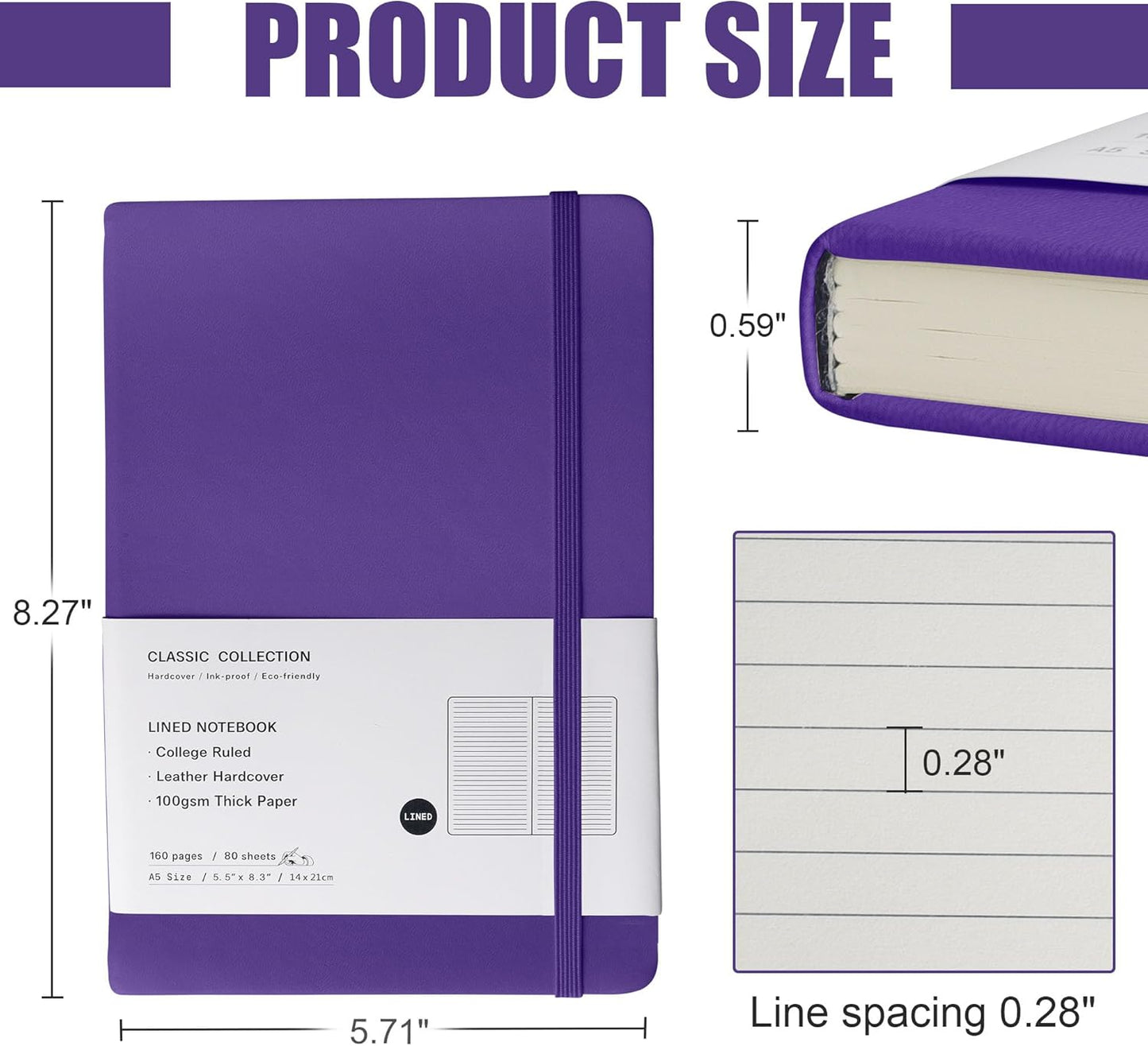 Lined Journal Notebook, 160 Pages, Medium 5.7 inches x 8 inches - 100 gsm Thick Paper, Hardcover (1, Purple)