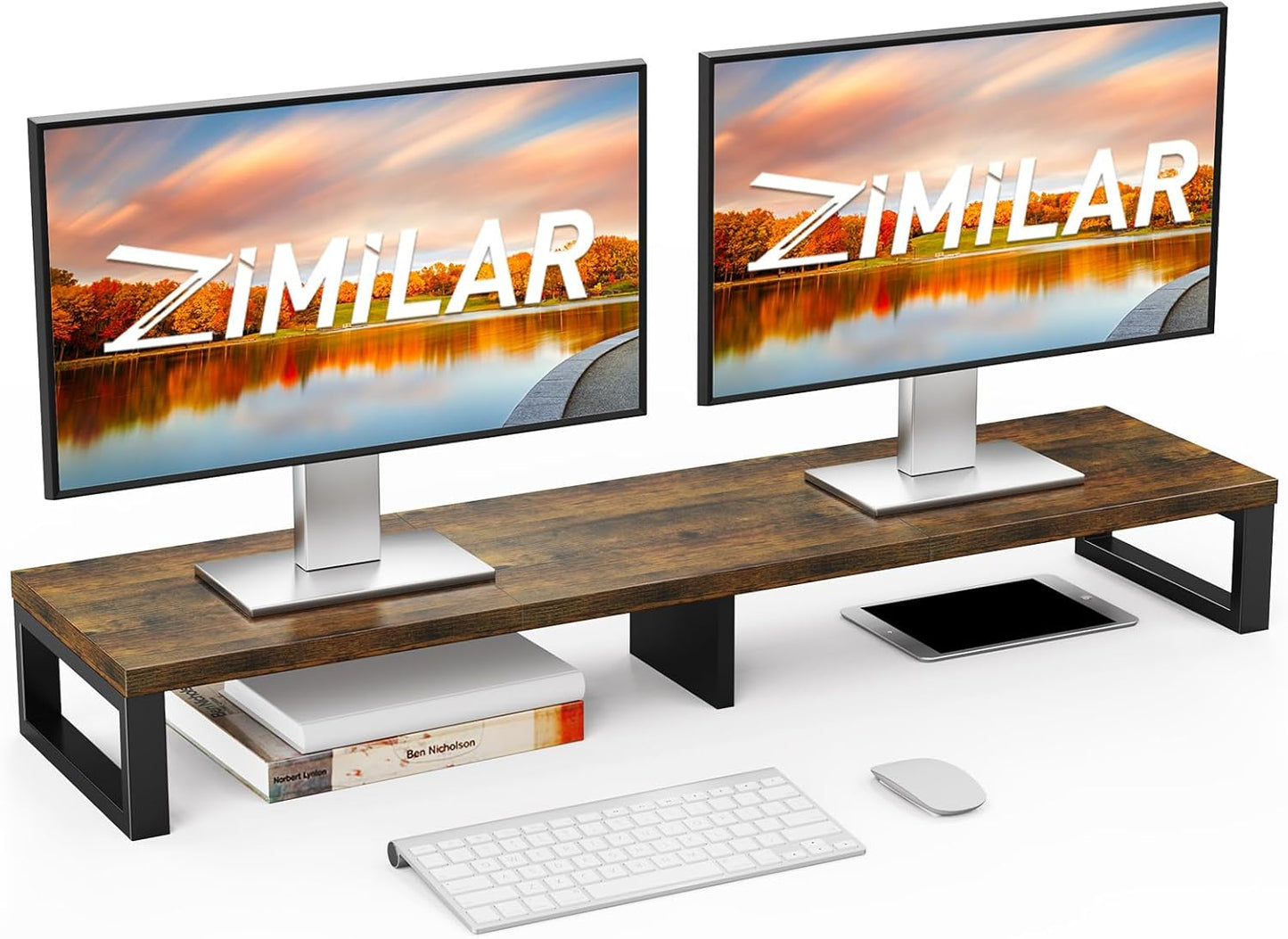 Zimilar Dual Monitor Stand Riser, Large Monitor Stand for Desk, Wood Monitor Riser with Storage Organizer for Home Office, Monitor Stands for 2 Monitors, Desktop Wooden Monitor Riser for Computer