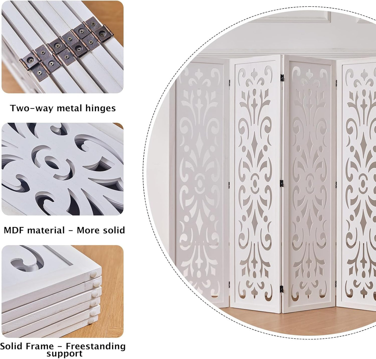 5.6Ft Room Divider Folding Wood Classical Carved Partition Screen for Home Office Garden - 6 Panels (White)