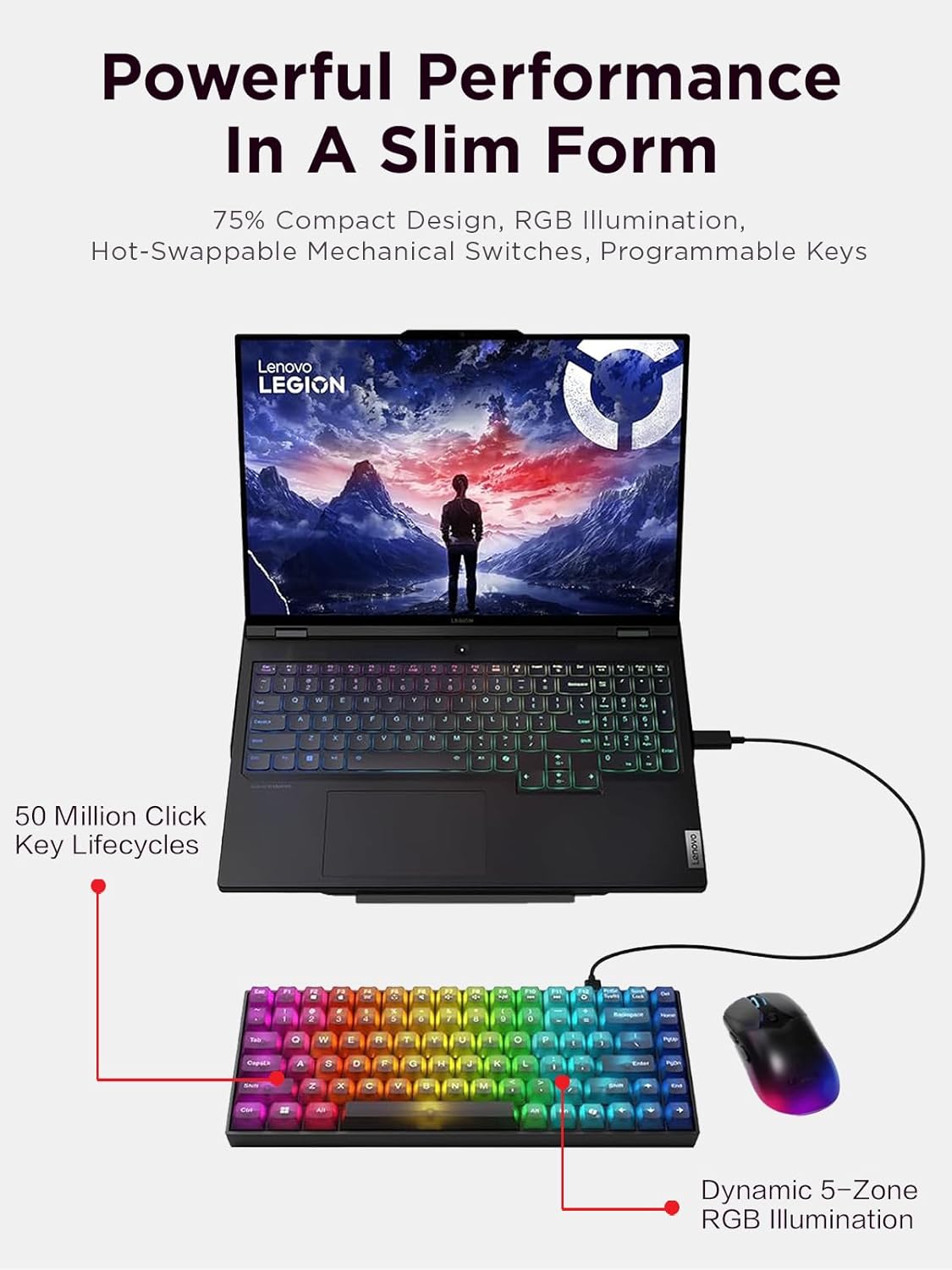 Lenovo Legion K510 Mini Pro Wired Mechanical Gaming Keyboard - 75% Compact Design, RGB Illumination, Hot-Swappable Mechanical Switches, Programable Keys