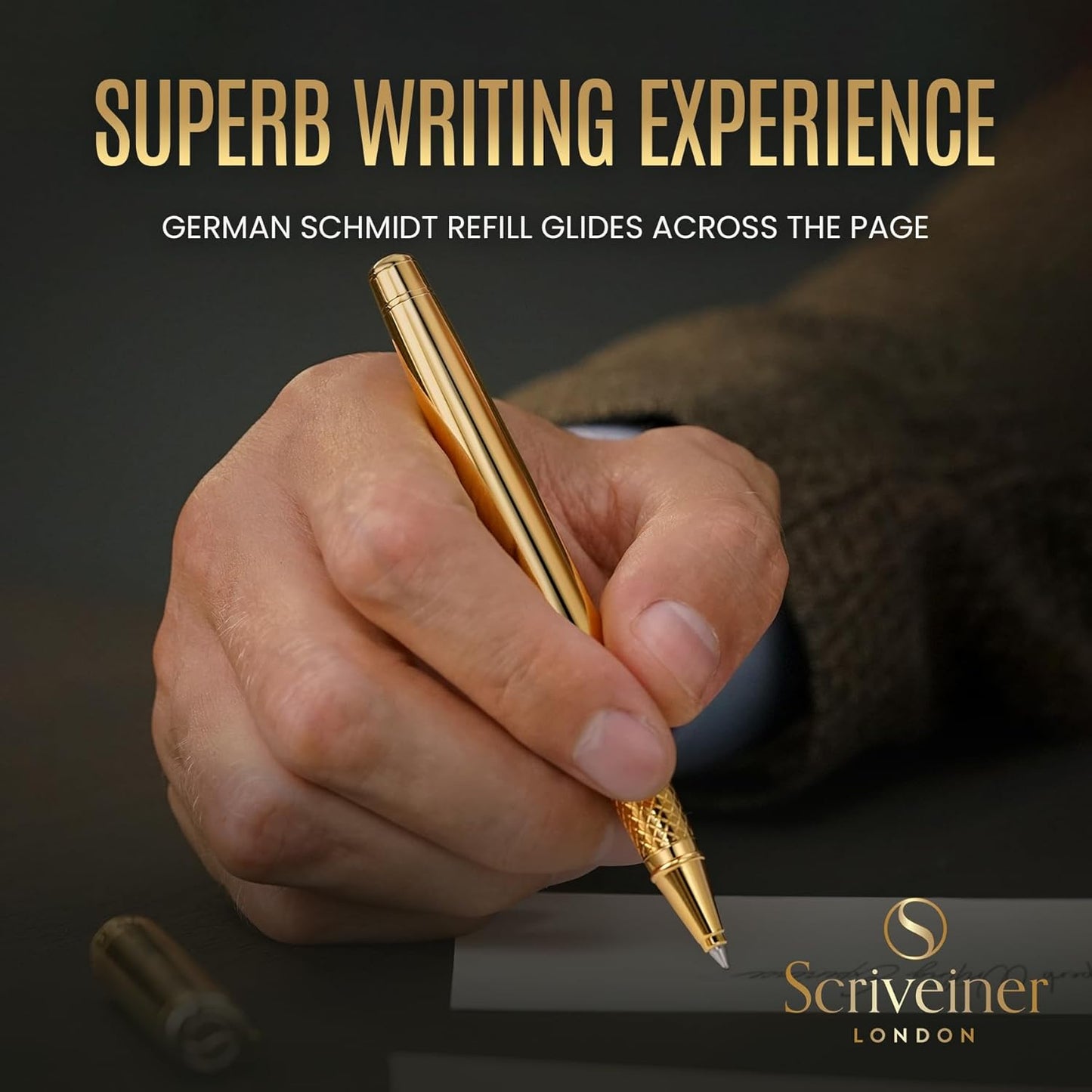 Scriveiner Personalized Gold Rollerball Pen - Stunning Luxury Pen, Real Gold Plating, Schmidt Ink Refill, Best Engraved Roller Ball Gift Set for Men & Women, Custom Name Engraving