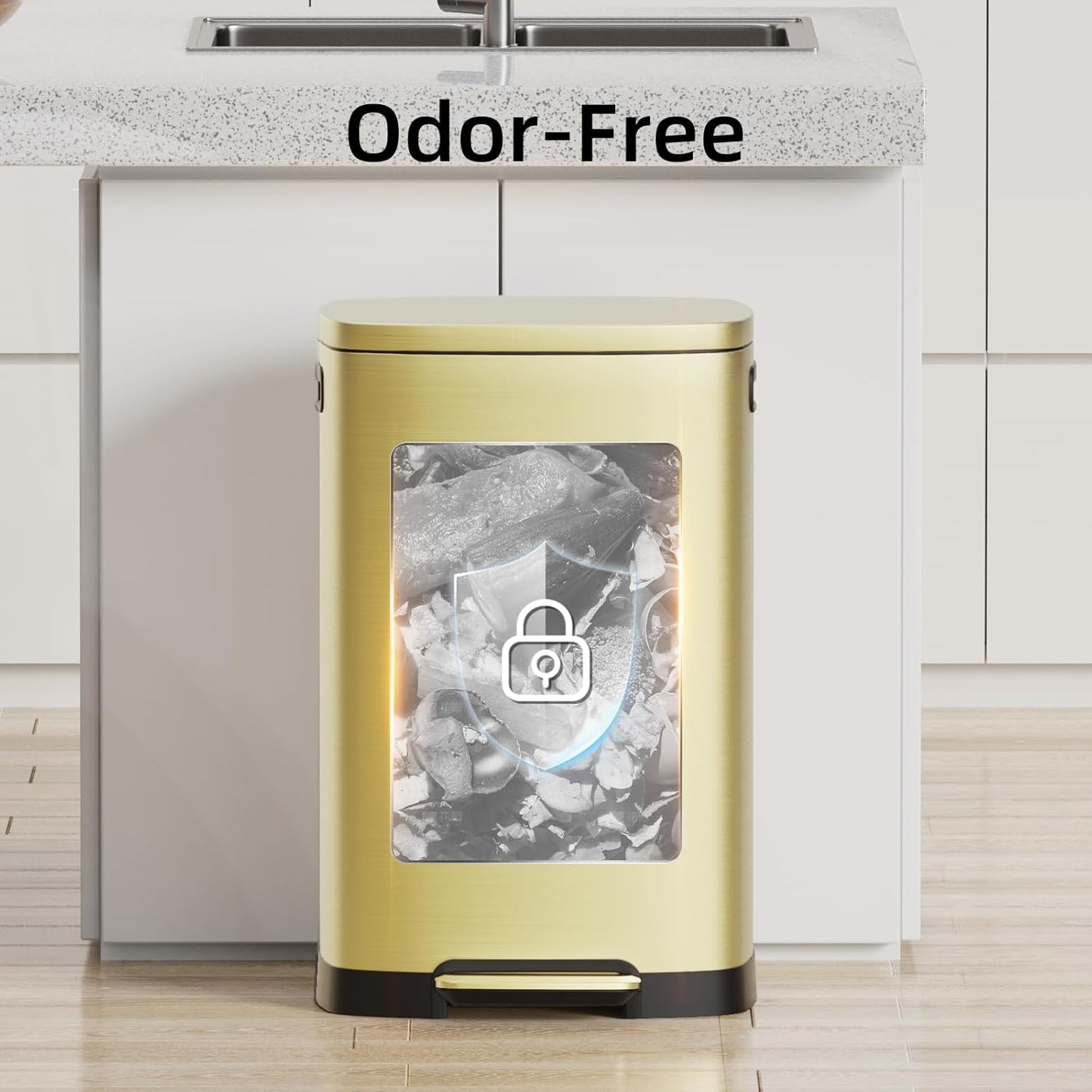 KUK 13 Gallon/50L Stainless Steel Kitchen Trash Can with Lid and Step Pedal-Large Capacity Garbage Bin with Odor Seal, Silent Close Lid, Removable Inner Bucket, Titanium Gold