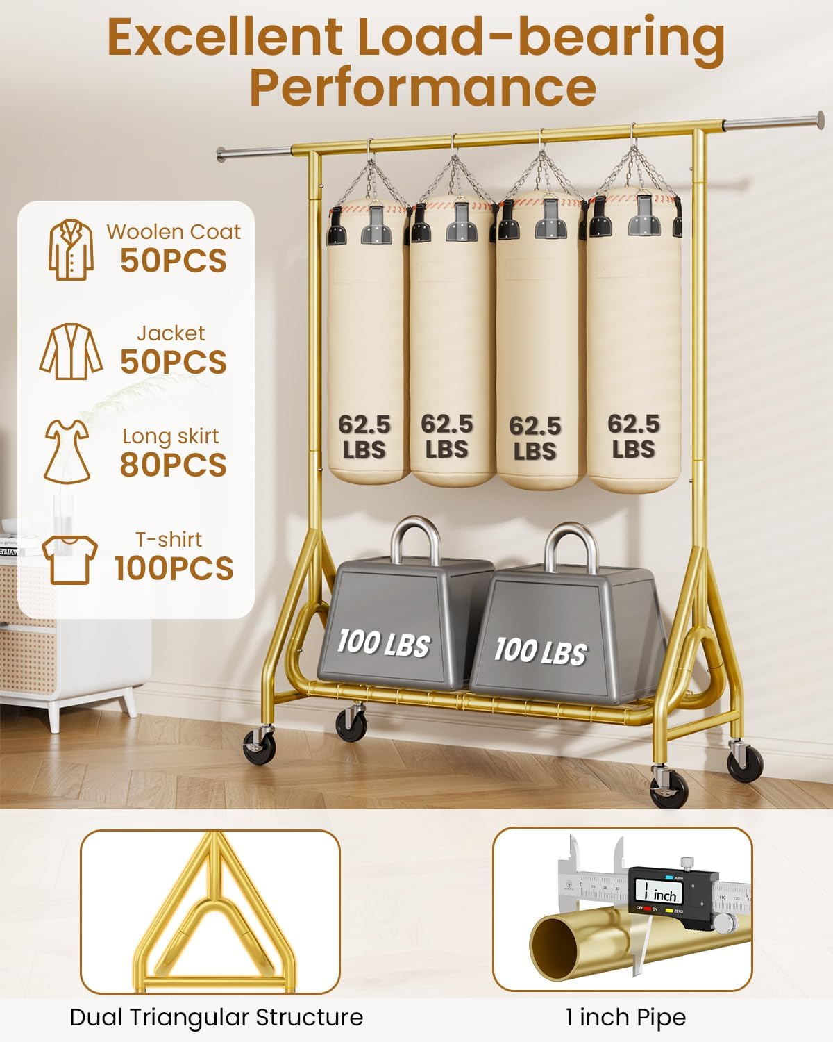Heavy Duty Clothes Rack, Metal Clothing Rack Load 450 LBS, Rolling Coat Racks for Hanging Clothes with Lockable Wheels, Wardrobe Closet Garment Racks for Bedroom, Gold