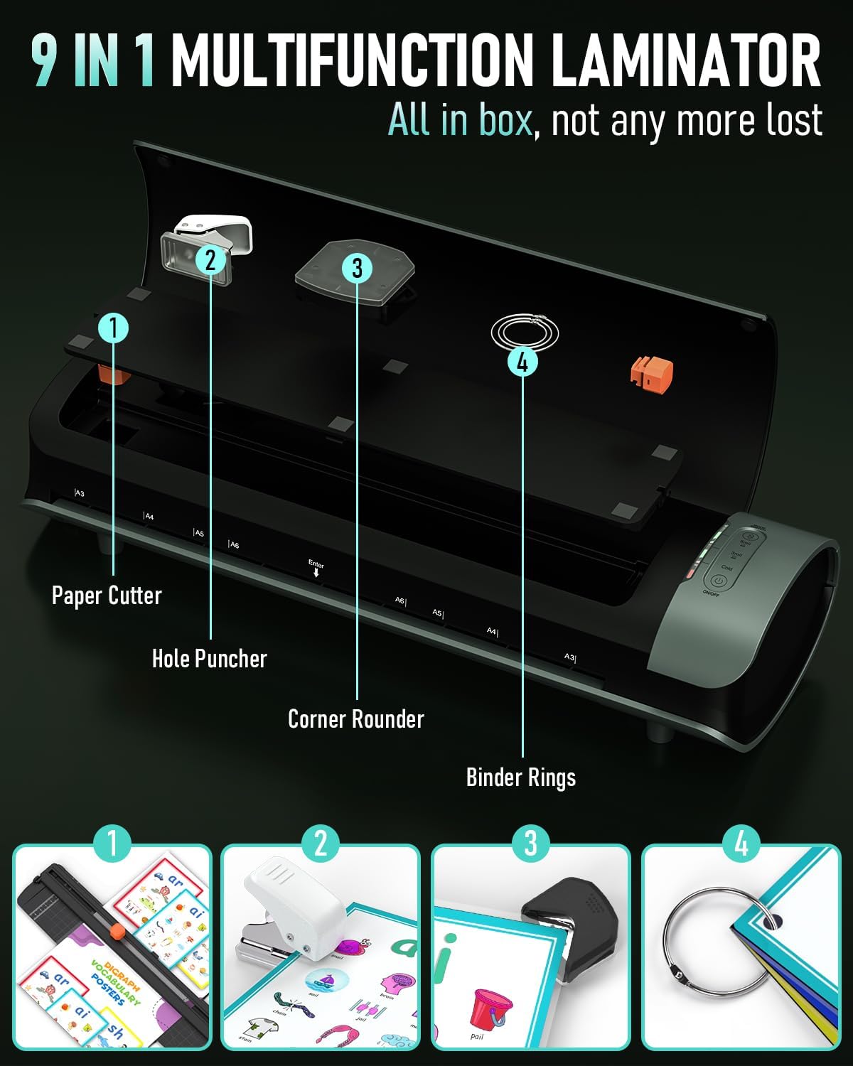 Qfun Laminator Machine 11x17 Cold Thermal Laminator，13 inch Laminating Machine 60s Warm-up with 30 Laminate Sheets，9 in 1 Desktop A3 Lamination Machine with Paper Trimmer for Teacher Home Office