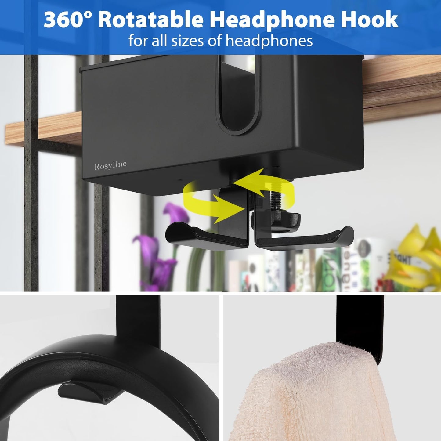 ROSLINE 3-in-1 Clip-on Desk Organizer - Pen, Headphone, and Cup Holder for Expanding Office and Gaming Space (Black)