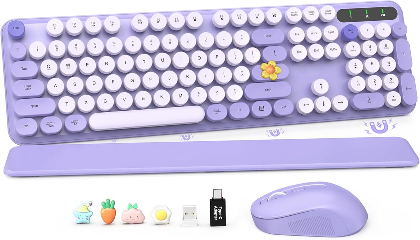 Wireless Keyboard and Mouse Combo, Cute Round Keycaps, Full-Size Retro Typewriter Keyboard with Detachable Wrist Rest, 2.4GHz Cordless Connection for Mac/Windows/PC/Laptop (Purple-Colorful)