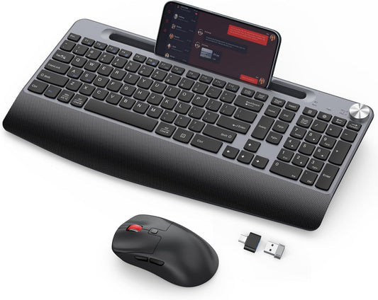 Ergonomic Wireless Keyboard and Mouse with Wrist Rest，Phone Holder - 2.4GHz Full-Sized Low-Profile Quiet Wireless Mouse and Keyboard Combo for Computer, Laptop, PC, Mac-Grey