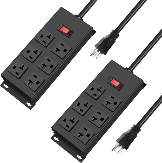 JUNNUJ 20 Amp Power Strip Heavy Duty 2 Pack, Garage 6 Outlets Metal 12 Gauge Surge Protector 3000J, High Amp 5-15P Adapter Shop 6-20R T-Slot Industrial (6AC 2-Pack, 10FT)