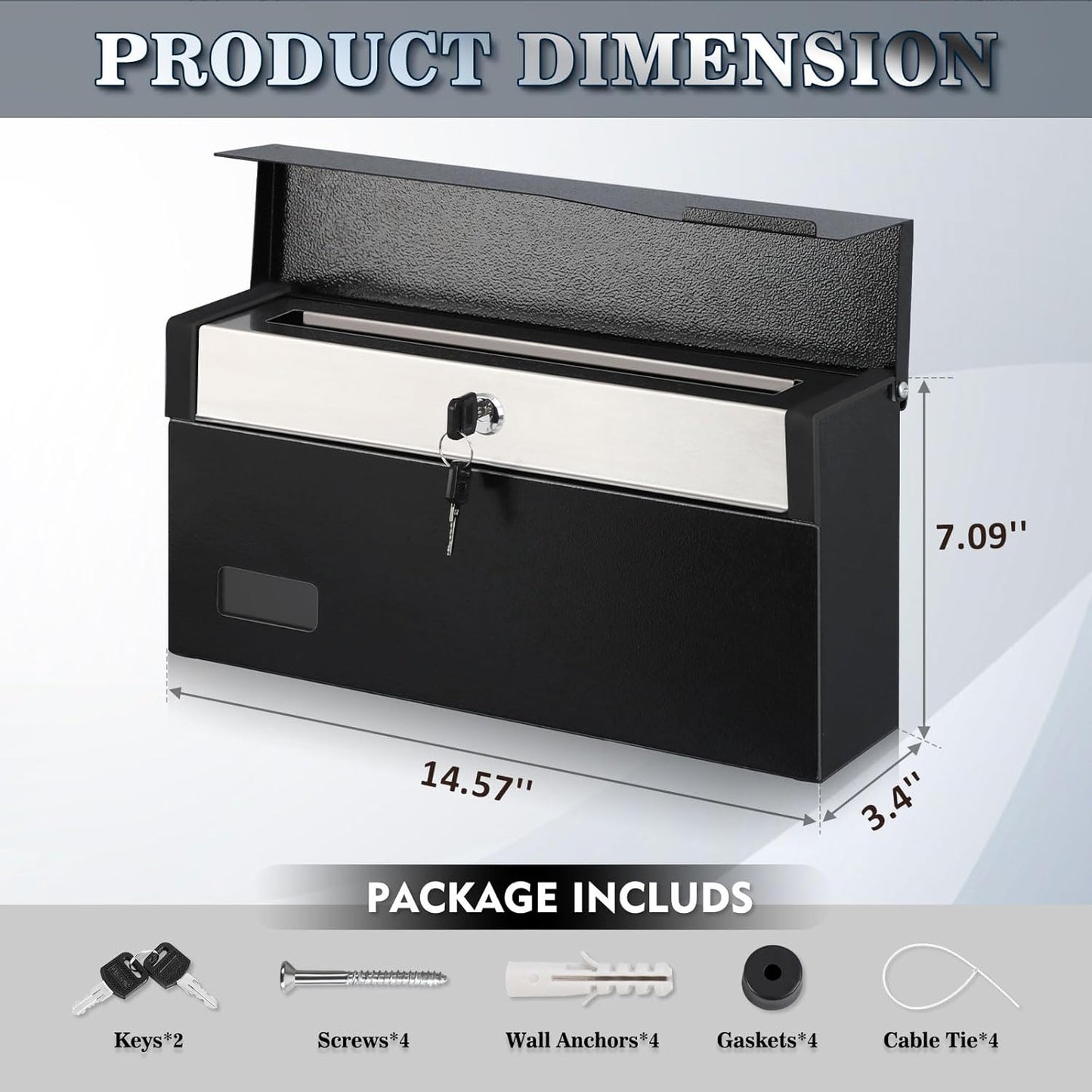 xydled Mailbox with Key Lock, Locking Wall Mount Mail Boxes for Outside, Steel Hanging Metal Mailbox, Modern Post Box, Black, 14.57''x7.09''x3.4''