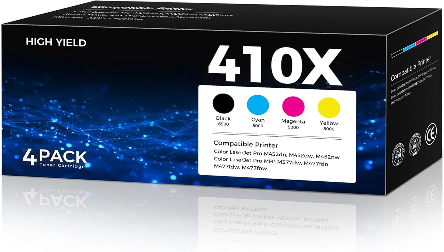 410X Toner Cartridges High Yield 4 Pack Compatible with Color LaserJet Pro M452 MFP M477 M377 Series for HP 410X 410A Toner Work for MFP M477fdw M477fdn M477fnw M377dw Pro M452dn M452dw M452nw Printer
