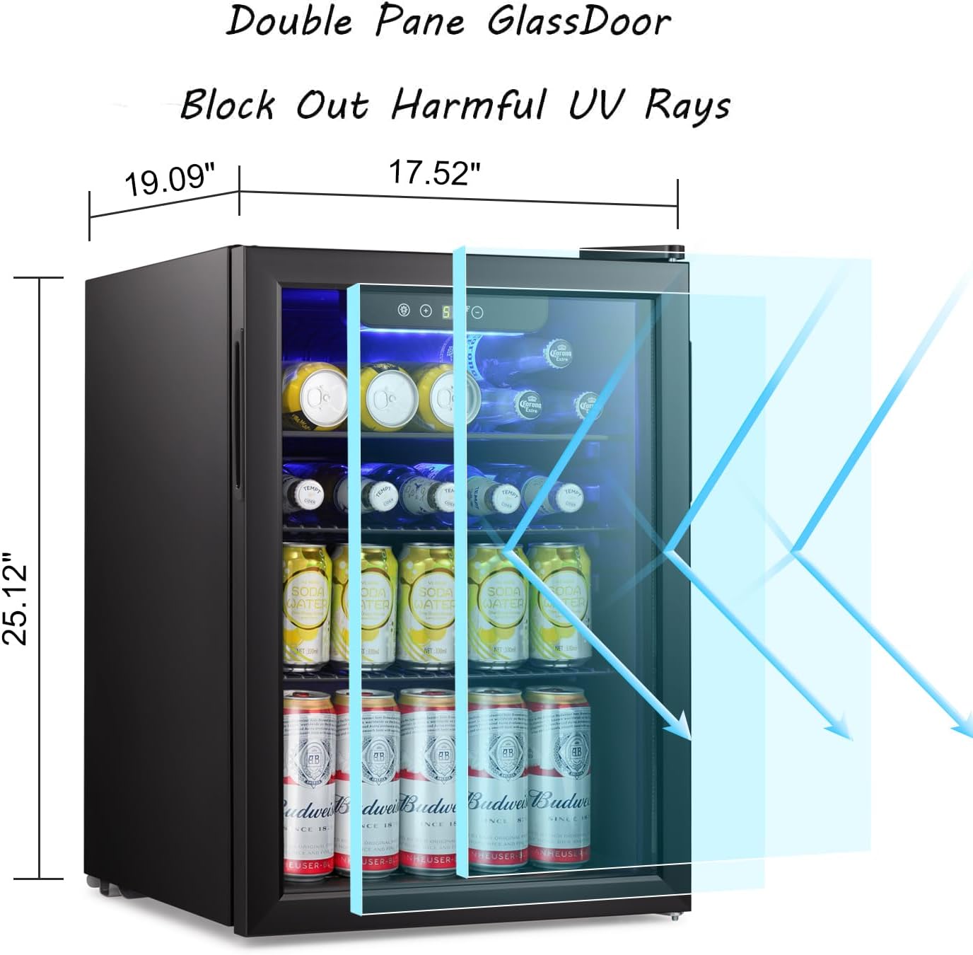 Antarctic Star Beverage Refrigerator Cooler-85 Can Mini Fridge Glass Door for Soda Beer Wine Stainless Steel Glass Door Small Drink Dispenser Digital Display for Home, Office Bar,2.4cu.ft