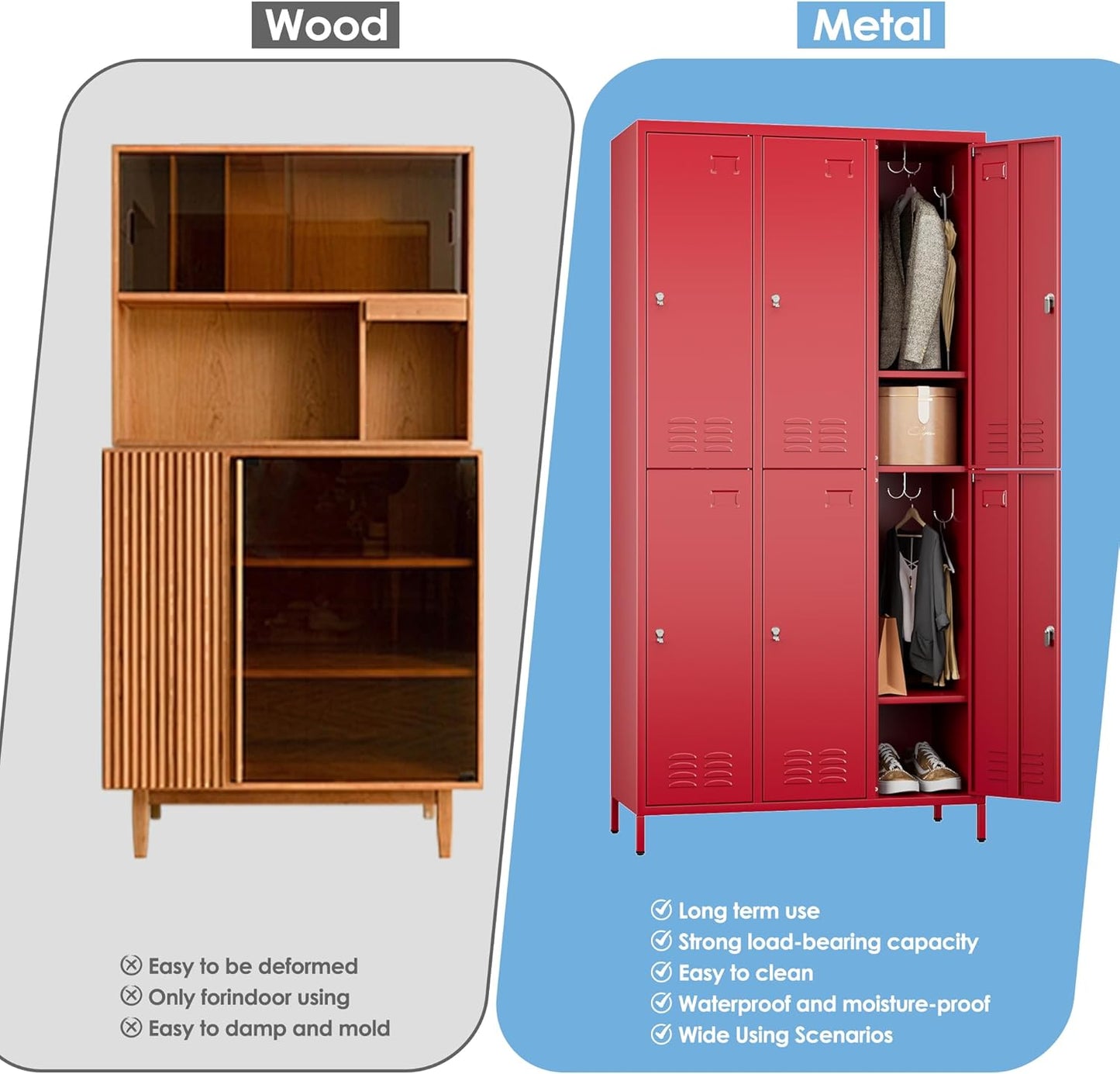 6 Doors Metal Locker with Business Card Holder and 18 Hooks,Metal Locker for Employees with Ventilation Holes for School Garage Office Gym Home,Assembly Required,Red