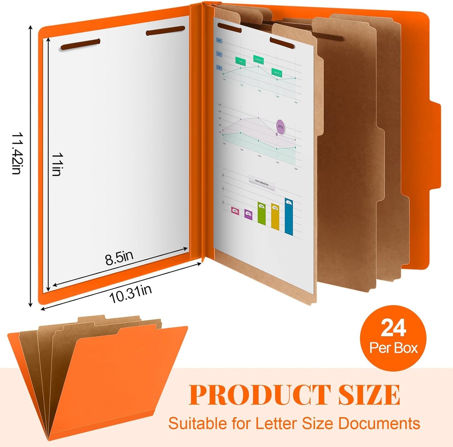 24 Pcs Classification Folders Letter Size, 3 Divider Pressboard File Folder with Fasteners, Expanding File Organizer Bulk for Teachers, Clergy, Office, Church, Christmas Donations (Orange)