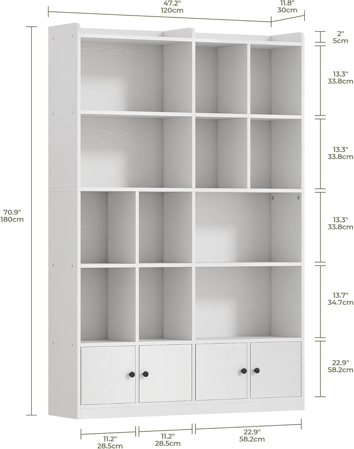 IRONCK Bookshelves and Bookcase, 6 Tiers Large Bookshelf with 4 Doors, Floor Standing Tall Display Storage Shelves for Home Office, Living Room, Bedroom, White