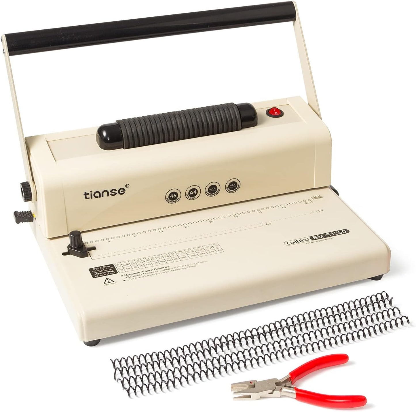 TIANSE Coil Binding Machine, Electric Coil Inserter, Manual Round Hole Punch, 15 Sheets Punch Capacity, Perfect for Letter Size / A4 / A5, Comes with 100pcs 5/16'' Plastic Coil Binding Spines & Plier
