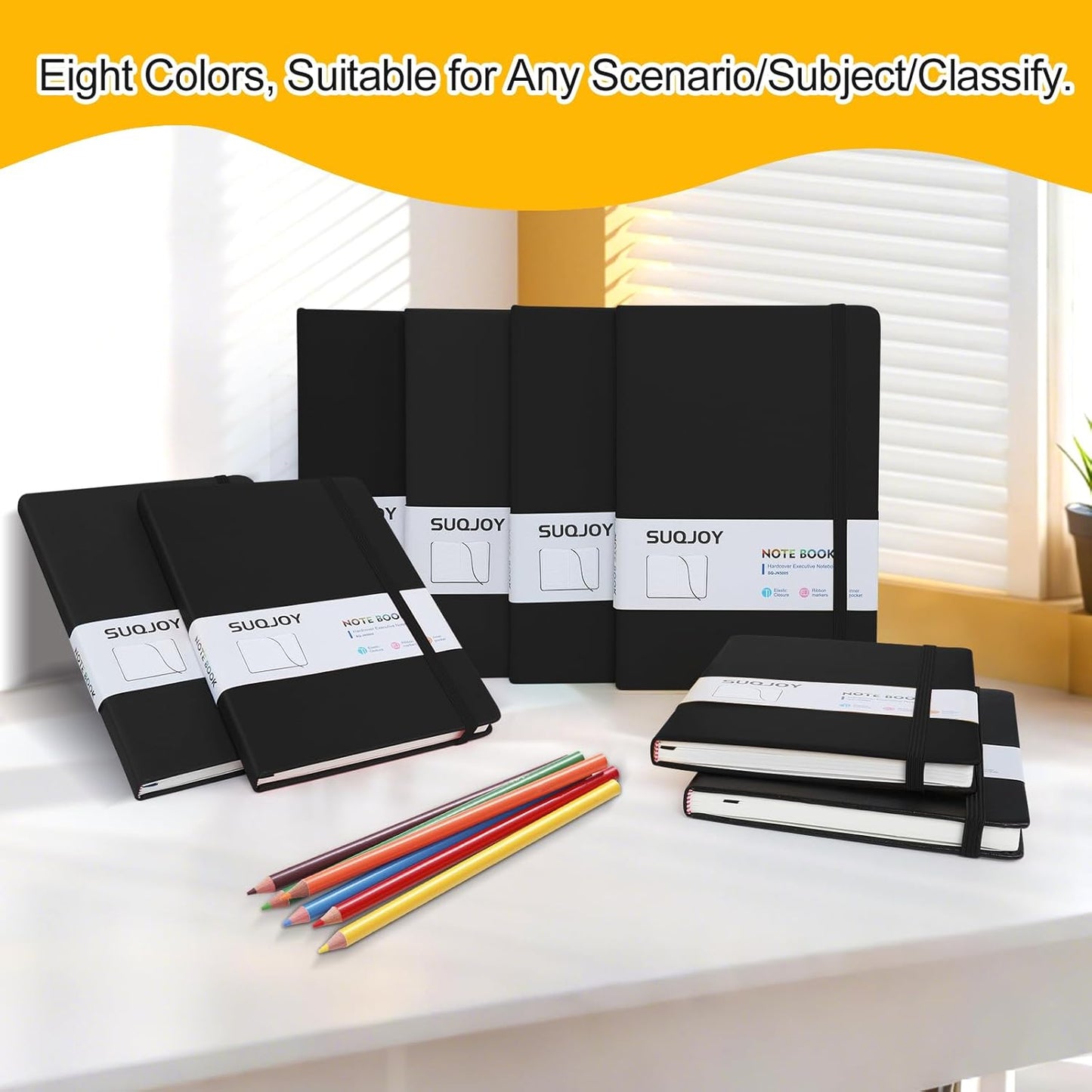 Lined Journal Notebooks for Writing, 100 GSM Thick Paper, Hardcover Notebook, A5 College Ruled Notebook, Journaling Notebook for School/Travel/Office (8 Pack, Black)