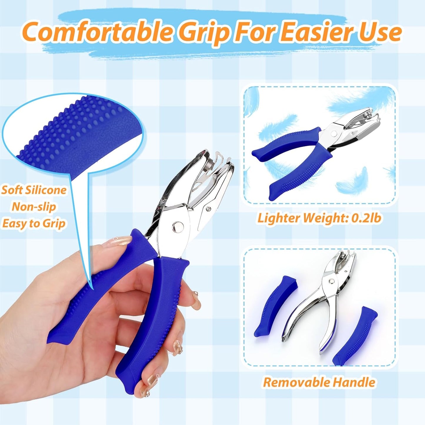 4 Packs Shape Hole Punch Set - 1/4" Circle, Heart, Star, Triangle Puncher with Soft Grip for Binder, Scrapbooking, Cards | Paper Craft Tools with Storage Slot & Reinforcement Stickers (Blue)