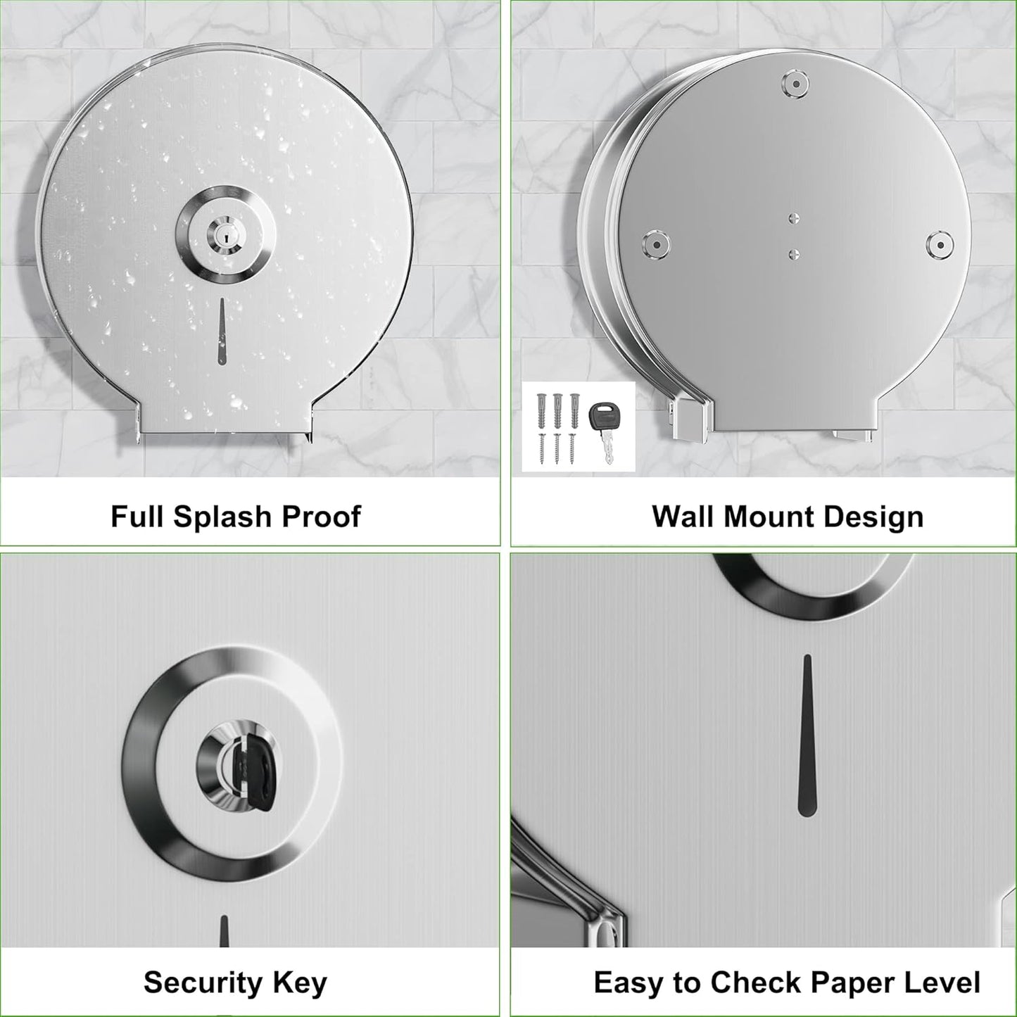 Brushed Stainless Steel Paper Towel Dispenser Wall Mount, TOBEFORT Commercial Jumbo Toilet Paper Dispenser, 9 Inch Roll with 2.5 Core, Toilet Paper Holder Bath Tissue Dispenser Lock Key