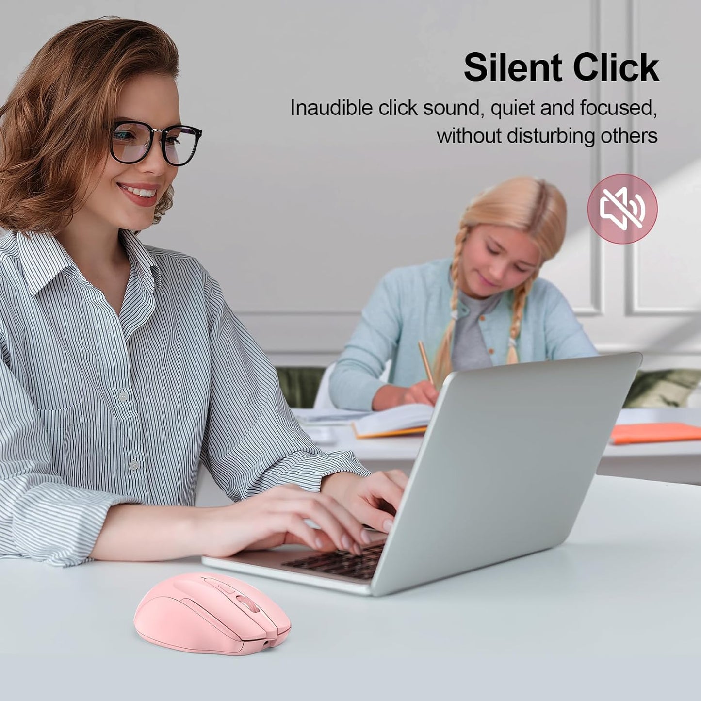 TECKNET Wireless Mouse (BT5.0/3.0 & 2.4G) Rechargeable 4800 DPI Silent USB A & Bluetooth Mouse 6 Buttons, Wide Compatibility - Pink