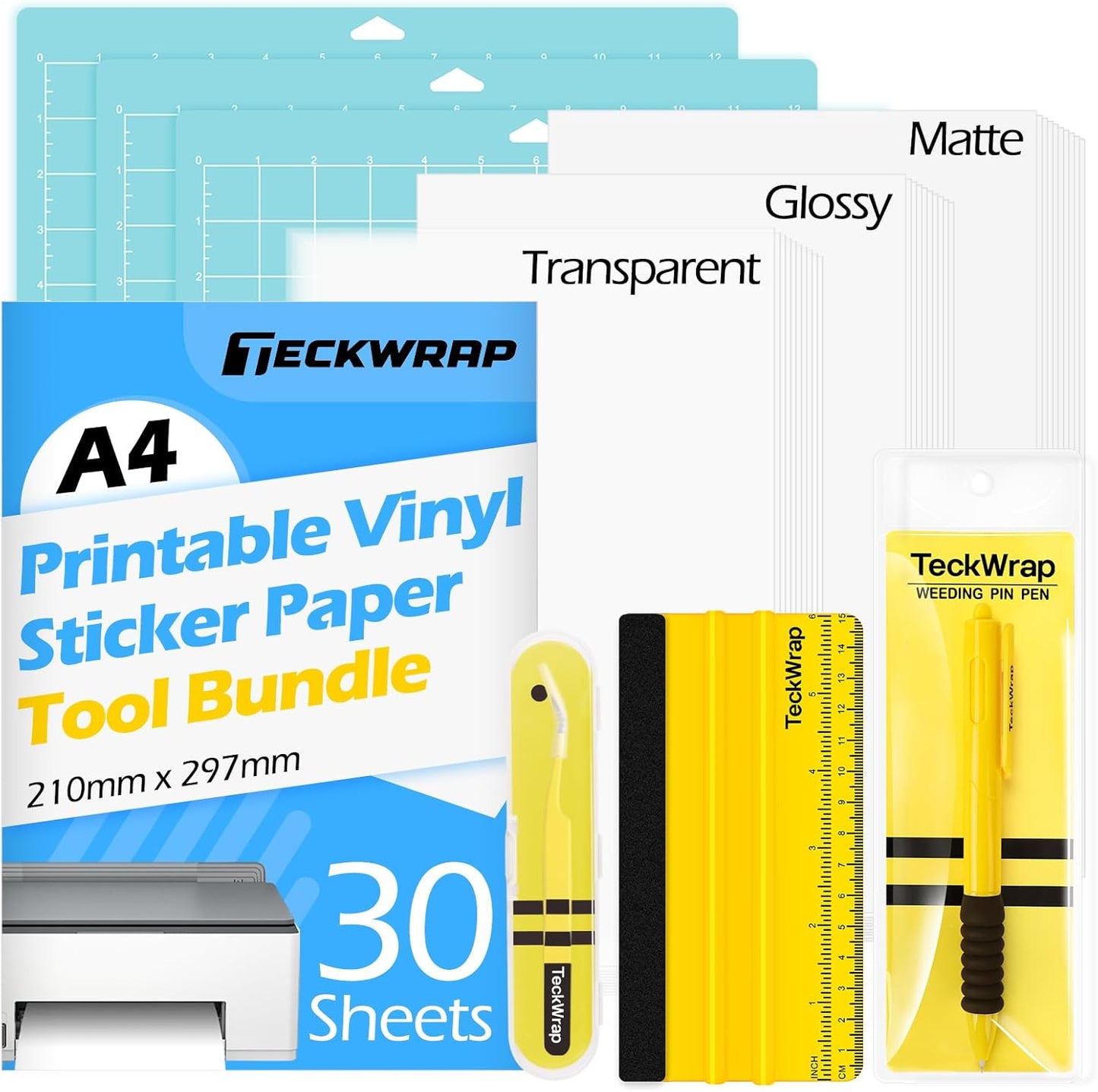 TECKWRAP Printable Vinyl Sticker Paper, (MatteGlossyTransparent) Inkjet Printable Sticker Vinyl, A4 30PCS Photo Paper for Craft, Stickers, Labels All-in-One Tools & Accessories Bundle Kit