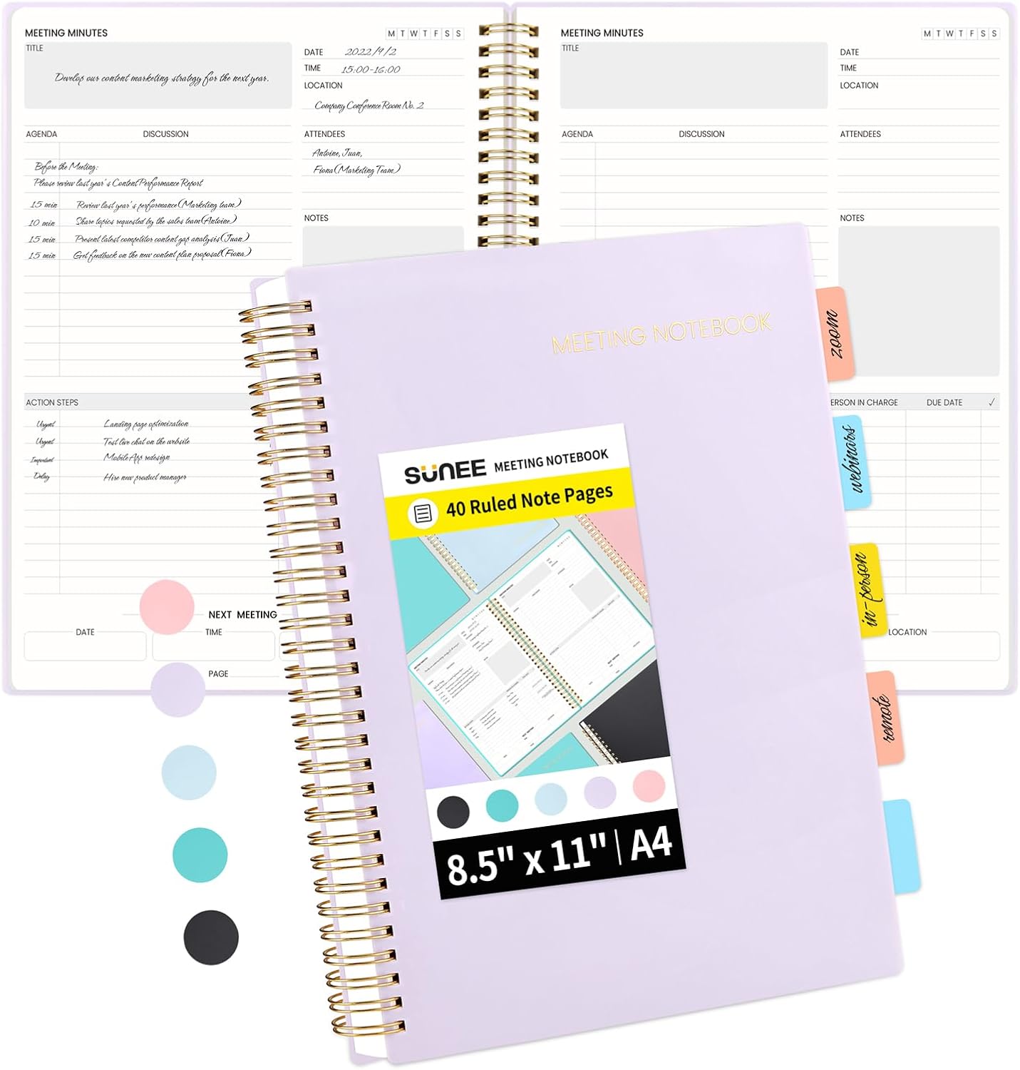 SUNEE Meeting Notebook for Work with Action Items - 160 Pages, A4 Size Project Planner, Spiral Meeting Agenda/Minutes Notebook Organizer for Women Men, Note Taking, Office & Business, 8.5"x11", Purple