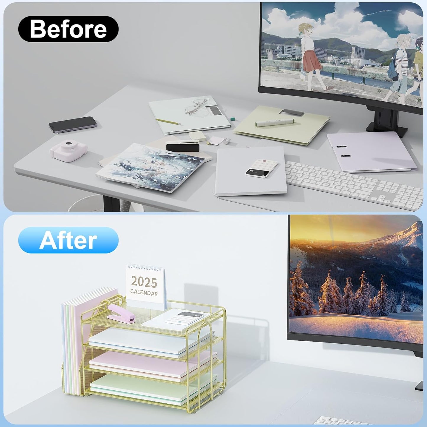 Spacrea Desk Organizers and Accessories, Paper Organizer for Desk with File Organizer, Desk Accessories & Workspace Organizers for Office Supplies (Gold)