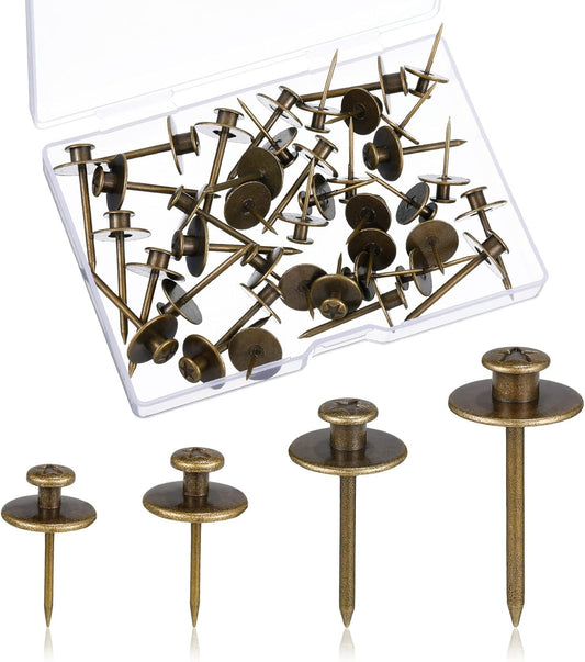 Zhengmy 40 Pcs Double Headed Picture Hangers Nails 4 Size Long Thumb Tacks Wall Nails for Hanging Pictures Decorative Push Pins Hooks for Drywall Photo Office Home Decor, 20/30/ 40/ 50lb(Bronze)
