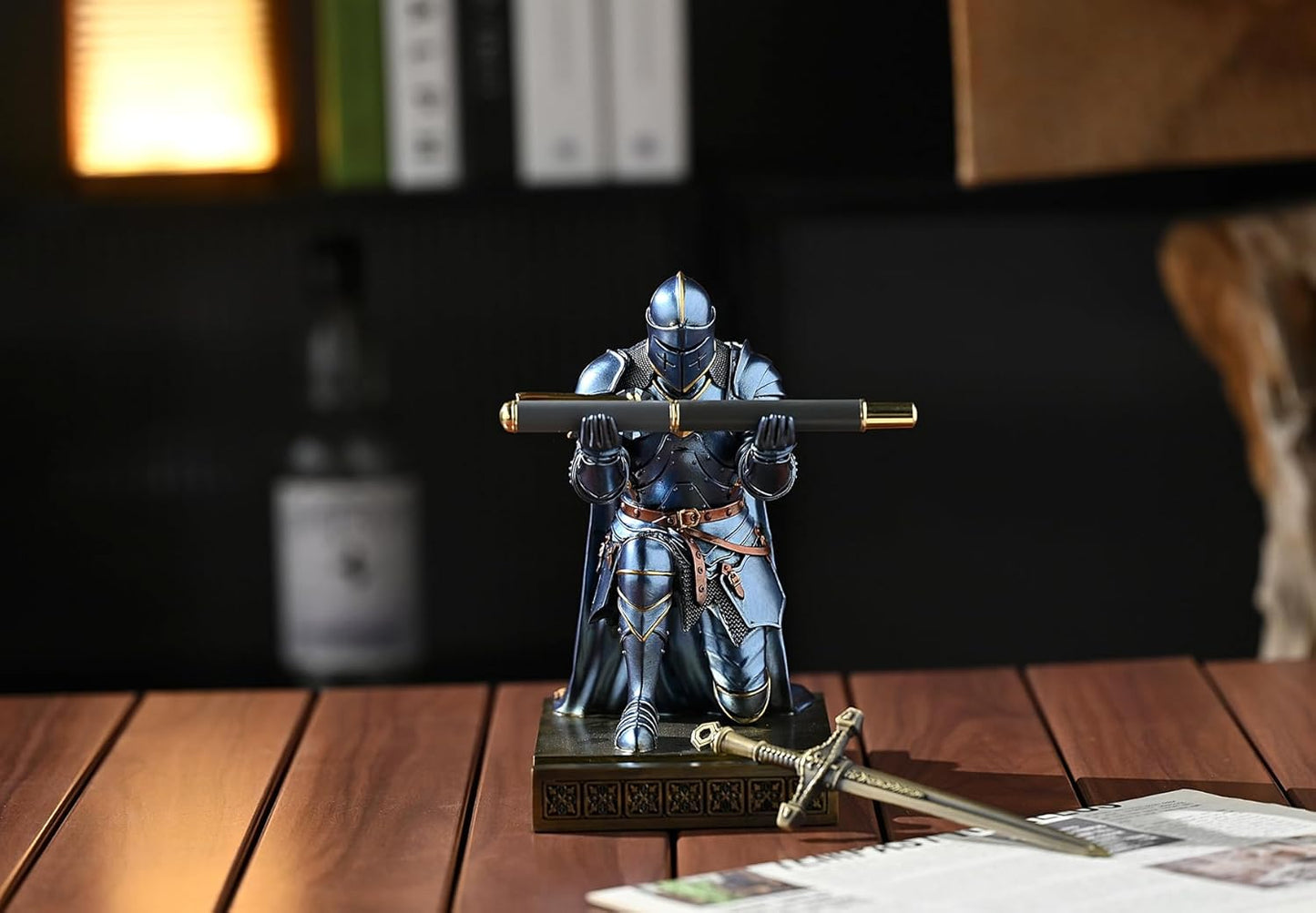 Medieval Armored Warrior Wearing Outerwear, Mobile Phone Stand Knight Pen Holder Desk Organizers, Resin Bookends Paperweight with a Letter Opener for Desk (Blue)