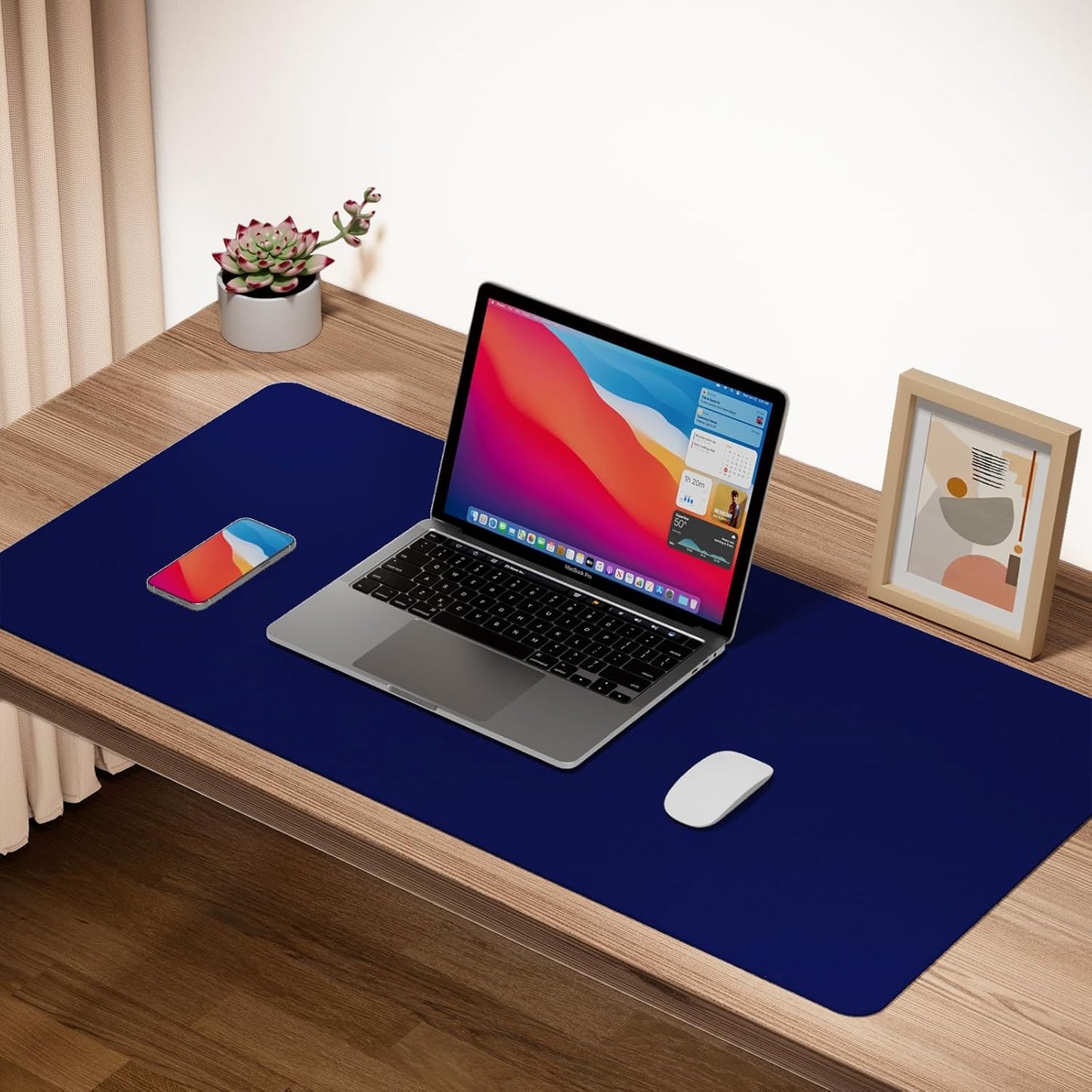 Boutilon Leather Desk Pad Protector,Non-Slip Mouse Pad,Laptop Desk Pad,Office Mouse Mat,Waterproof Leather Desk Blotter,Desk Writing Pad for Office and Home (L-Navy,35"x 17")