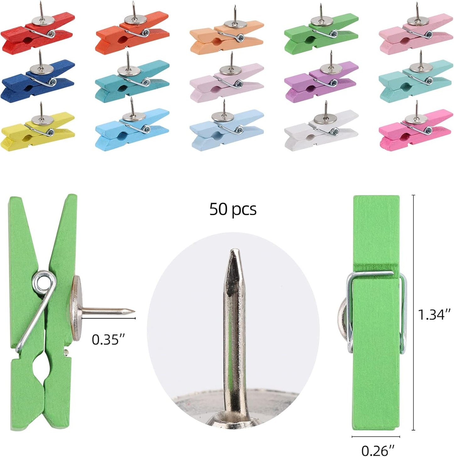 50Pcs Wooden Clips Push Pins Tacks for Cork Board Artwork for Crafts Arts Projects Photo Supplies(Colorful)