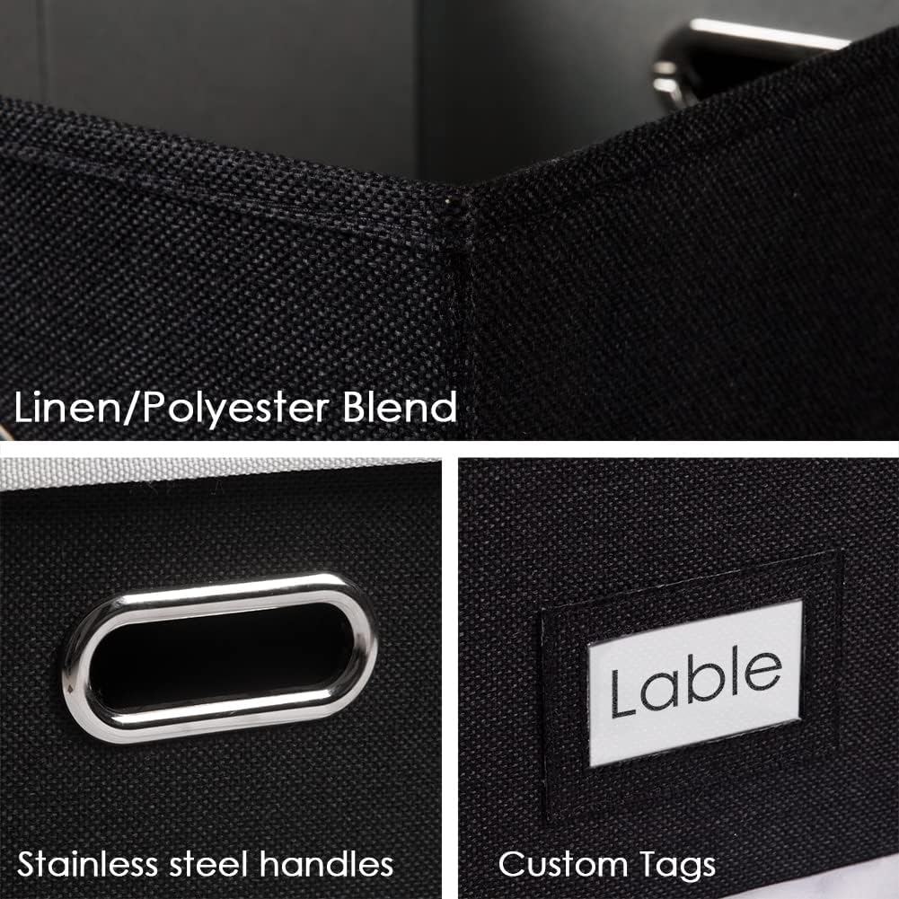 PRANDOM File Organizer Box - Set of 2 Collapsible Decorative Linen Filing Storage Hanging File Folders with Lids Office Cabinet Letter Size Black (15x12.2x10.75 inch)