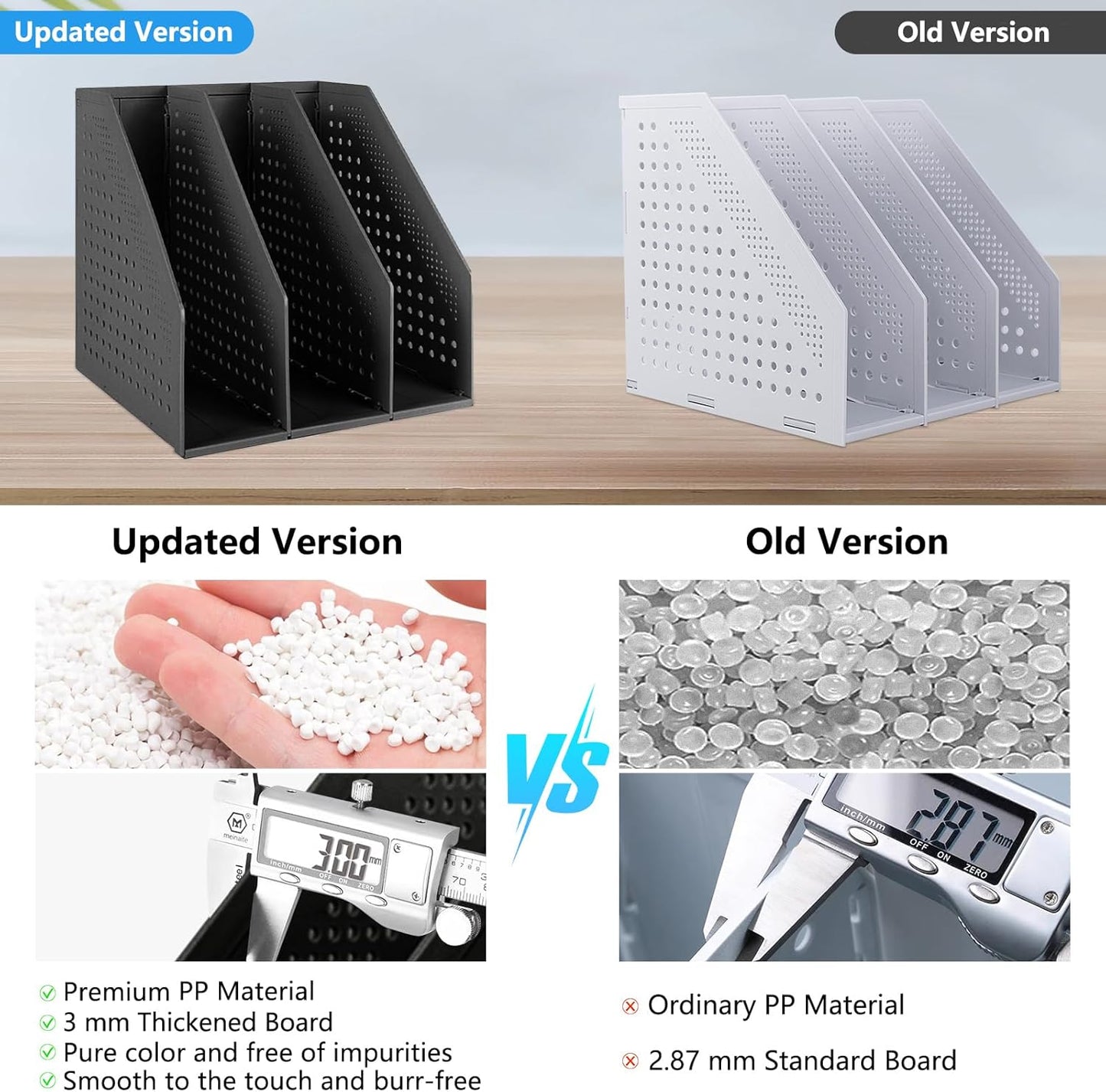 SAYEEC 1Pcs Collapsible Plastic Magazine File Holder Vertical Binder Storage Organizer for Desk Sturdy Upright Desktop Magazine Organizer Folder Rack for Office School Home (3 Compartments, Black)