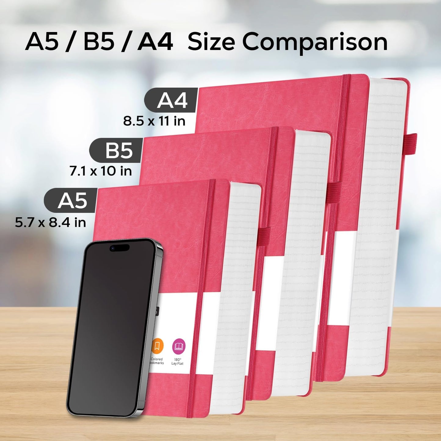 Lined Journal Notebook for Women/Men Writing Work, 320 Pages A4 Large Notebook notepads 8.5 x 11 for Note Taking, Hardcover Leather Journal, 100Gsm Thick Paper, Pink