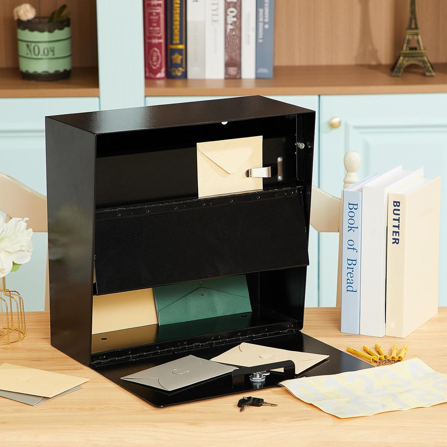 Extra Large Wall Mount Mailboxes for Outside 15.35 x 15 x 7 Inches Locking Security Mail Box Galvanized Steel Wall Mailbox Large Capacity Post Box with Key Lock and Reflective Stickers(Black)