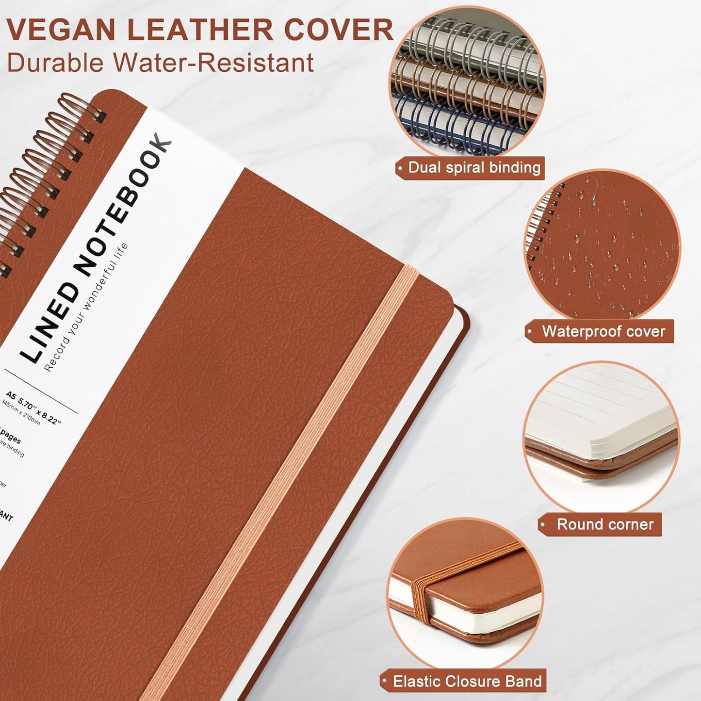 Lined Spiral Journal Notebook, A5 Hardcover Leather Notebook for Work, 5.7''×8.2'', 100GSM Thick Paper Spiral Bound Journaling Notebooks for Women & Men Office School Note Taking Business, Brown