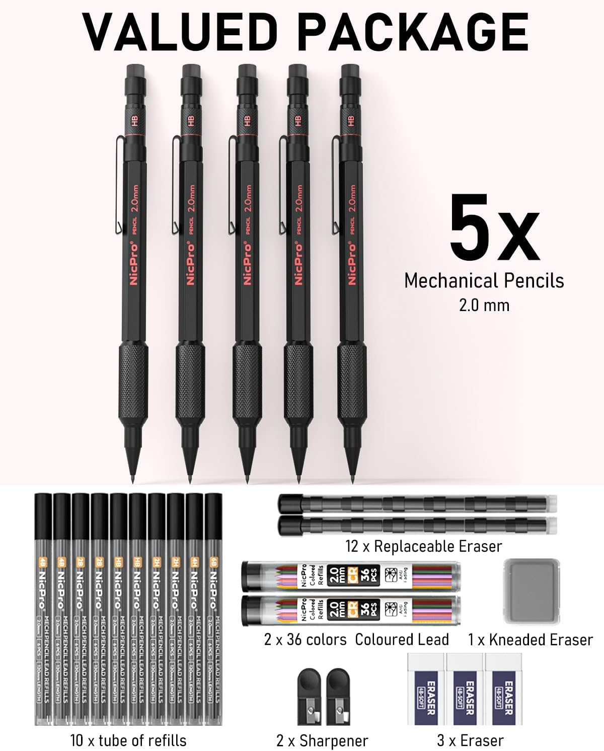 Nicpro 5 Pack 2mm Mechanical Pencils Set with Case, 65 Graphite Lead Refills (6B 4B 2B HB 2H 4H), 72 Colored Lead, Erasers -Weatherproof Metal Barrel, Heavy Duty Carpenter Pencil For Drawing Sketching