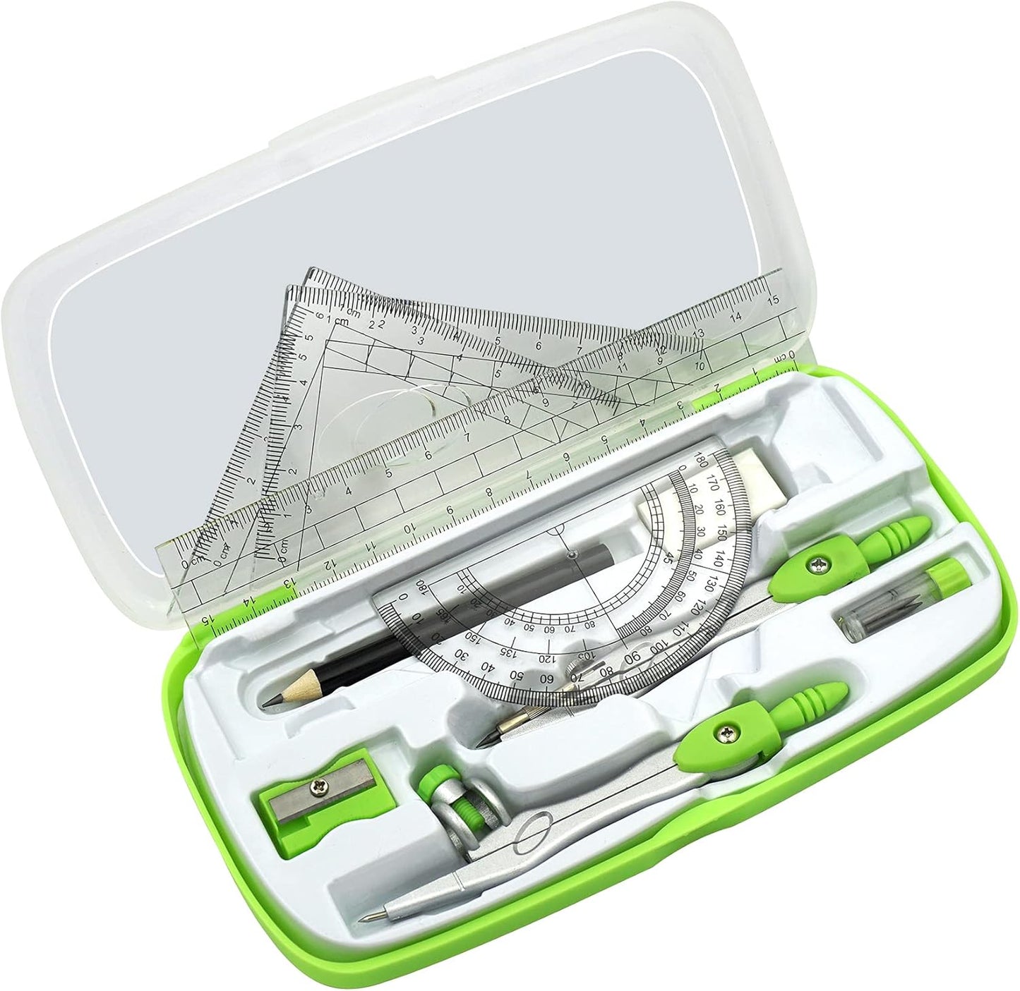 Geometry Compass Kit Starter Maths Set with 2 Drafting Compasses Protractor Set Squares Ruler and More for Students Maths Study, Green