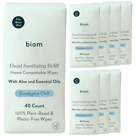Biom Biodegradable Hand Sanitizing Mini Wipes 8-Pack Refill Kit - Kid-Safe | Plant-Based Hand Wipes for Home & Travel | Natural, Non-Toxic Wet Wipe with Aloe for Soft Skin | Eucalyptus Chill