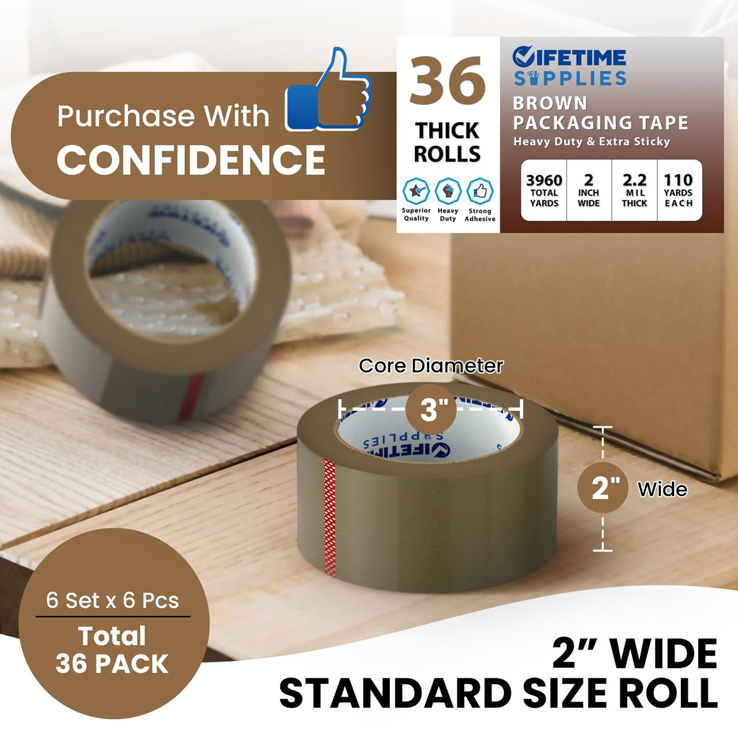 36 Rolls [Upgraded] 2" Brown Premium Packing Tape, 110 Yards, 2.2 mil, Heavy Duty Packaging Tape for Shipping, Moving, Sealing - Stronger & Thicker