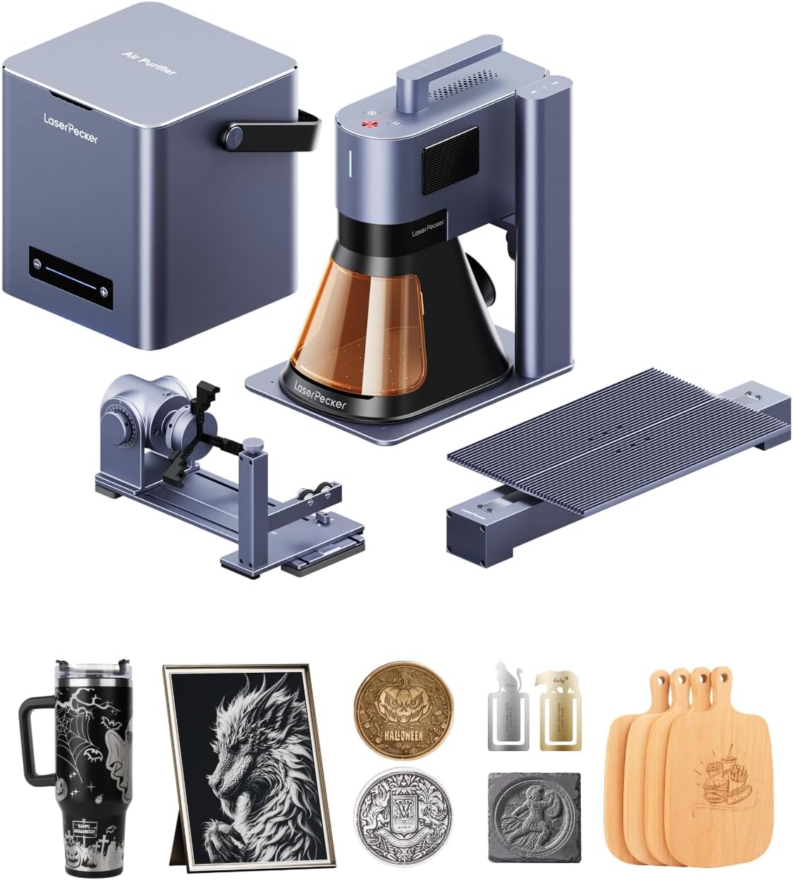 LaserPecker LP5 20W Dual-Laser Engraver & Cutter, 10,000mm/s Speed for Metal/Wood/Glass, 0.0027mm Precision with Air Purifier & Rotary/Slide Extensions, Ultimate Business Bundle for Retail/Maker Space