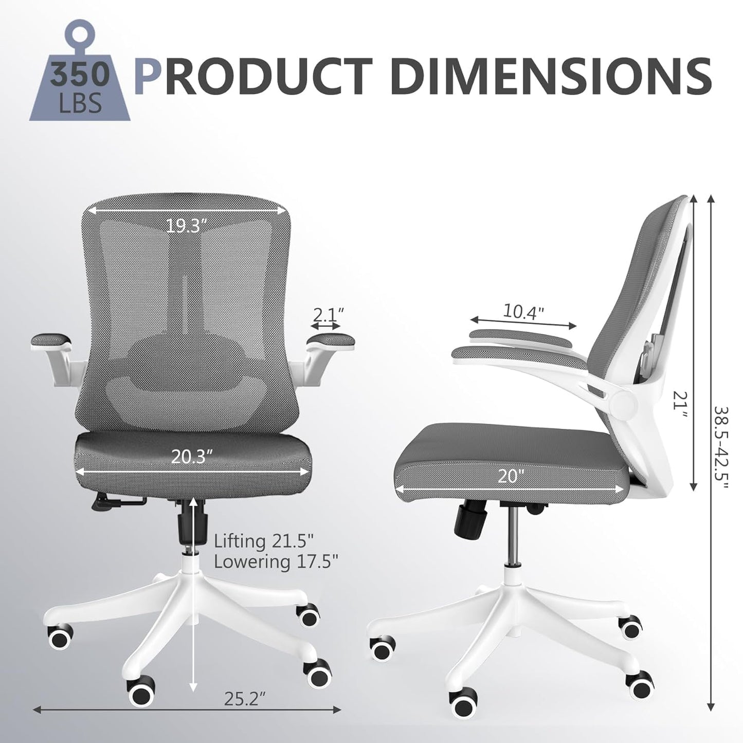 Computer Office Chair, Ergonomic Comfort Home Desk Chair, Mid Back Gaming Chair with Wheels, Adjustable Height, Lumbar Support, Flip-up Armrest with 350LBS Capacity