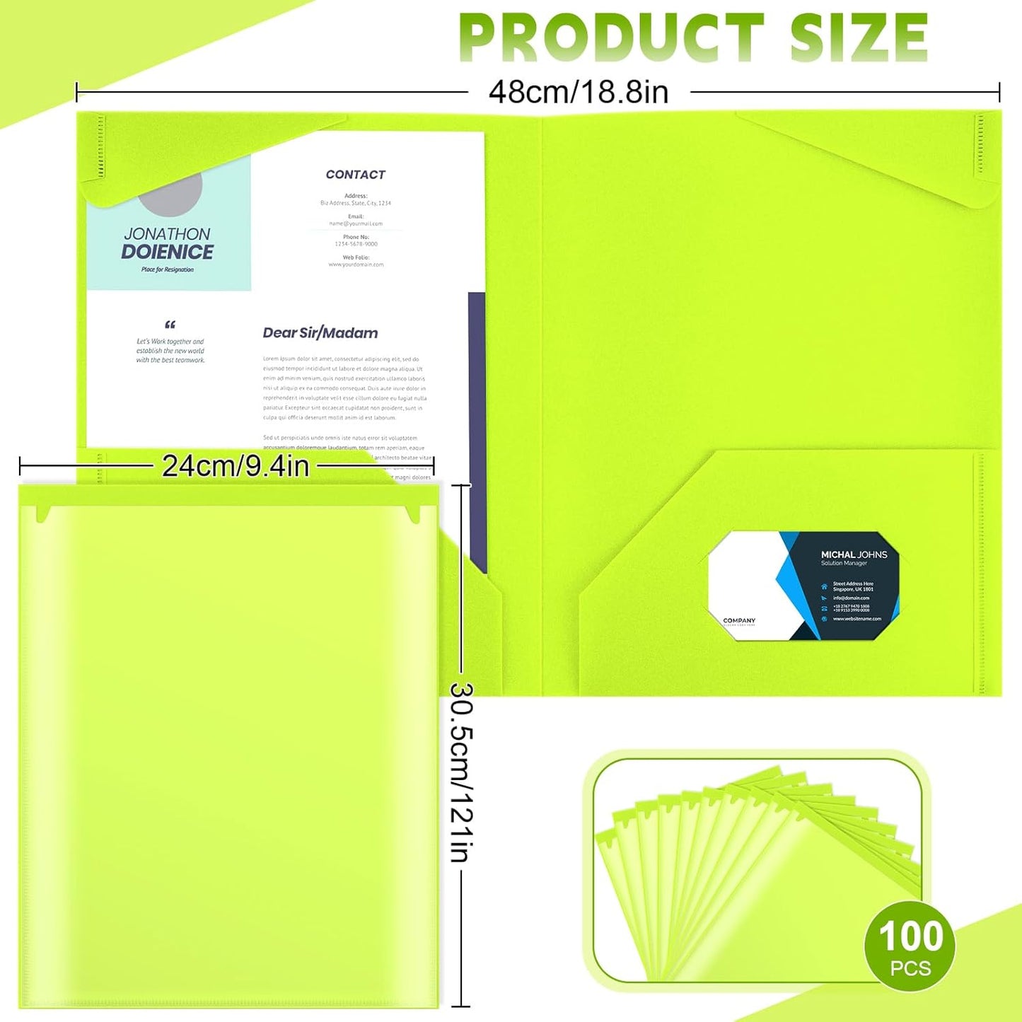 Henoyso 100 Pcs Plastic Folders with Clear Front Pockets Bulk Heavy Duty File Folders with 2 Pockets and Card Slot for Student Teacher Back to School Supplies Office Presentation (Fluorescent Green)