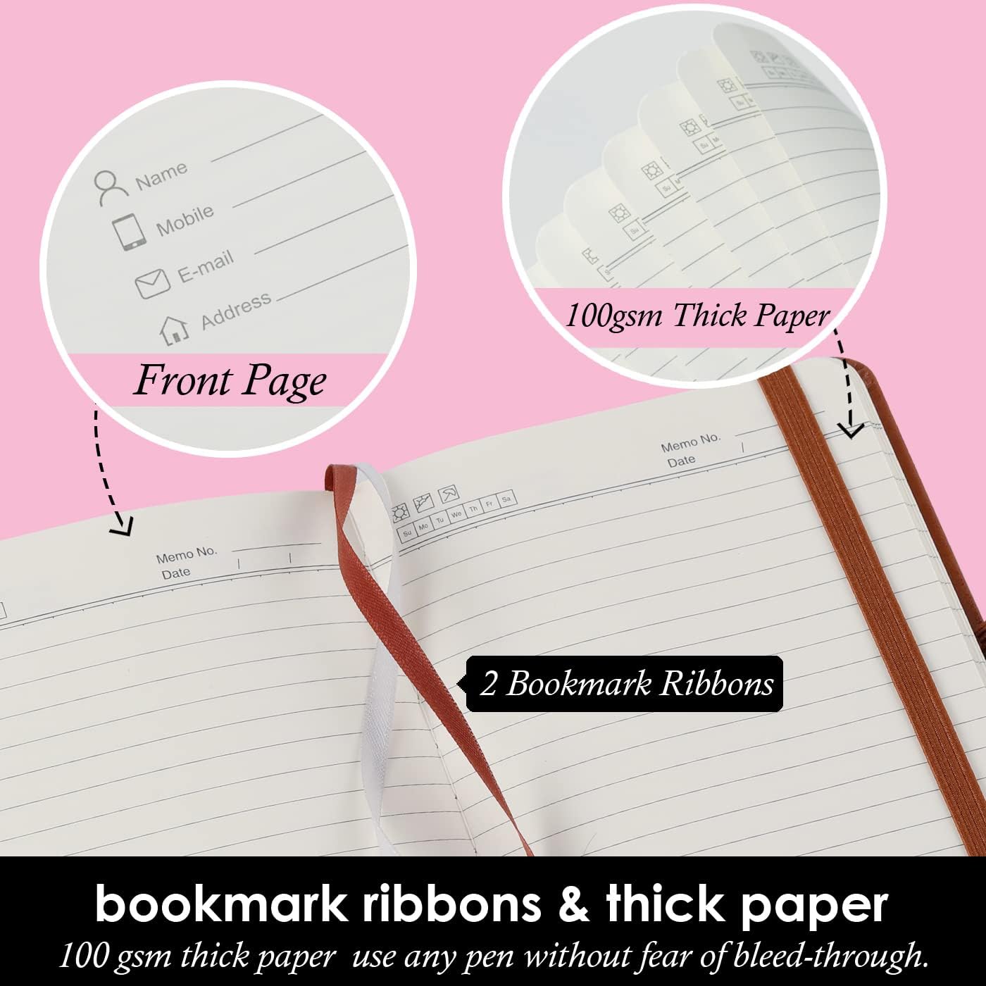 3 Pack Pocket Notebook Journals, Small Notepad Notebooks for Note Taking, A6 Mini Note pads with Pen Holder, 408 Lined Pages, 3.7" x 5.7", Black, Brown, Blue