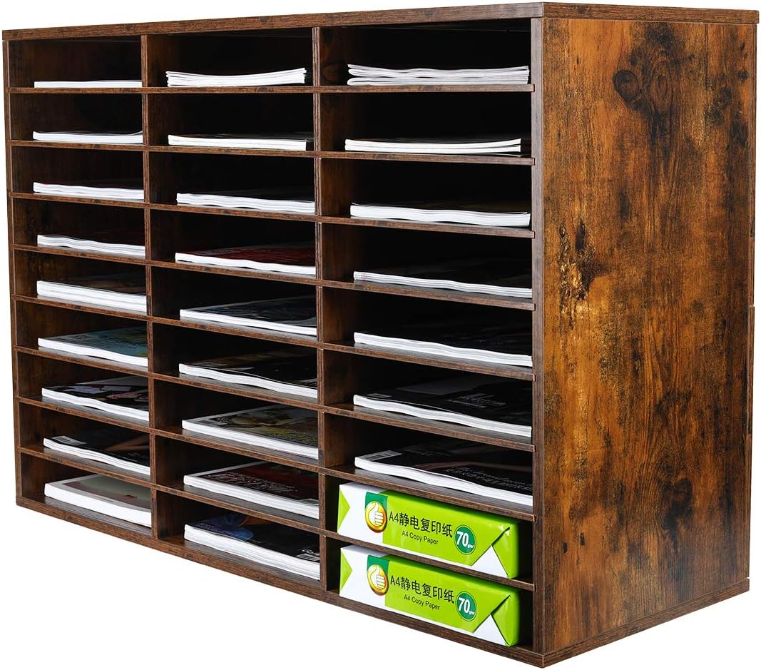 PAG Wood Literature Organizer Mail Sorter Student Mailbox for Classroom Desktop Bill Paper Holder for Office Home School, 27 Compartments, Antique Brown
