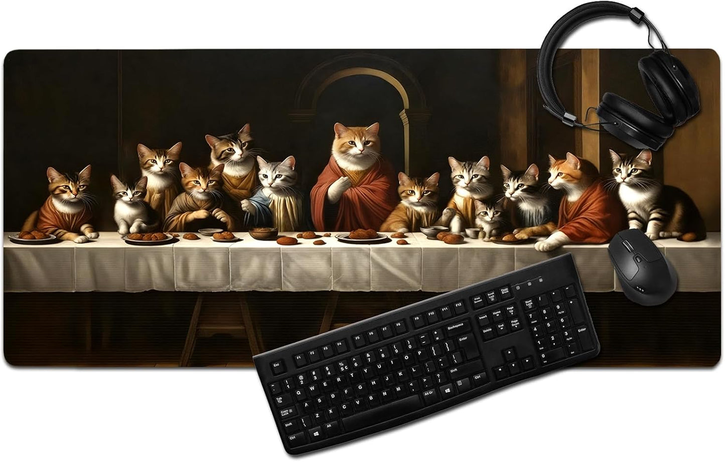Artistic Cat Last Supper Mouse Pad, Adorable Cats in Religious Scenario Mousepad - Large Non-Slip Desk Mat for Office, PC, Laptop - 35.5"x15.7" x 3mm
