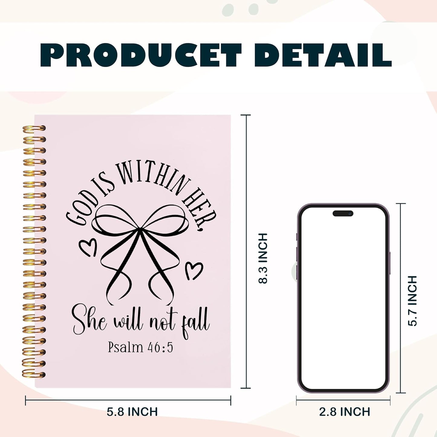 BearCake Pink Coquette Bow Christian Notebook Journal, God is Within Her She Will Not Fall Bible Journal for Women, Christian Religious Gifts for Woman, Hardcover Spiral Notebook 5.5x8.3