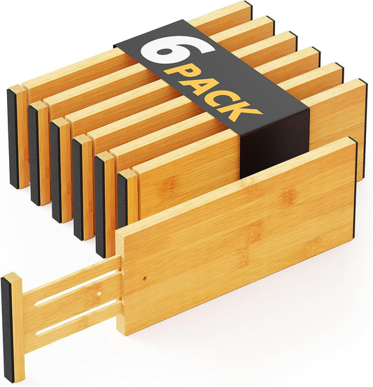 SpaceAid Bamboo Dresser Drawer Dividers 6 Pack, 4.65“ High Adjustable 12.5“-17” Drawer Organizers, Expandable Organization for Clothing, Clothes, Dressers, Natural